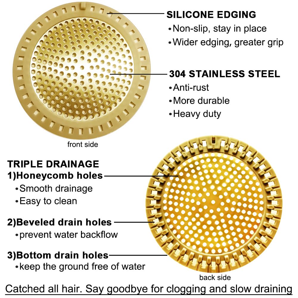 Seatery Hair Catcher Drain Strainer, Stainless Steel & Silicone, Gold, Model SHR-HC-2-G, 2PCS Set for Bathtub & Sink