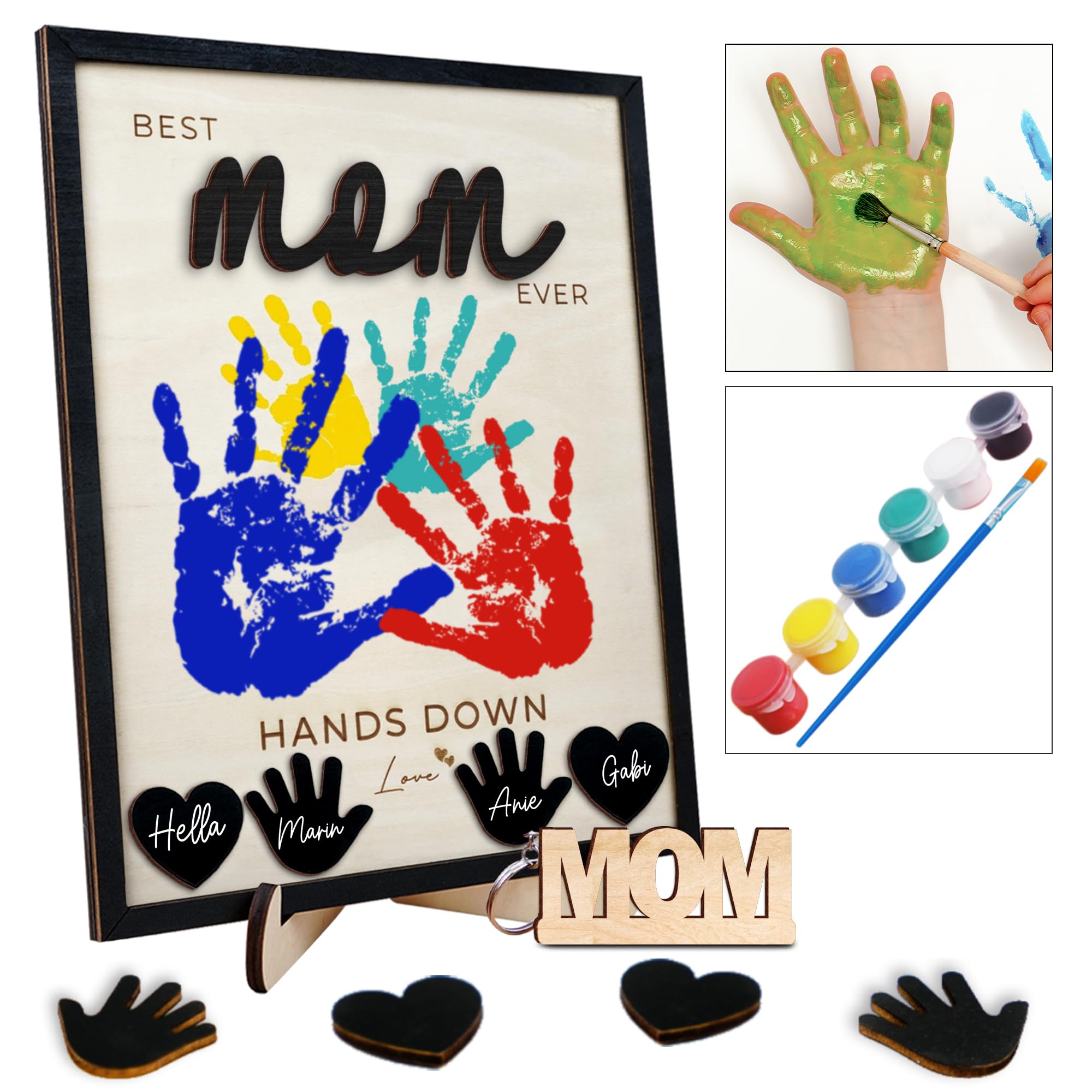 10 Hands Down Best Mom Ever DIY Handprint Kit with Acrylic Paints, Art Craft Family Keepsake Wood Frame Mom Keychain Birthday Mo