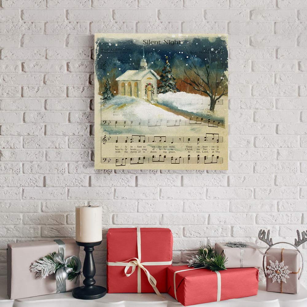 Renditions Gallery Silent Night Sheet Music Wall Art, Cute Christmas Carol & Winter Artwork, Church & Steeple, Premium Gallery W