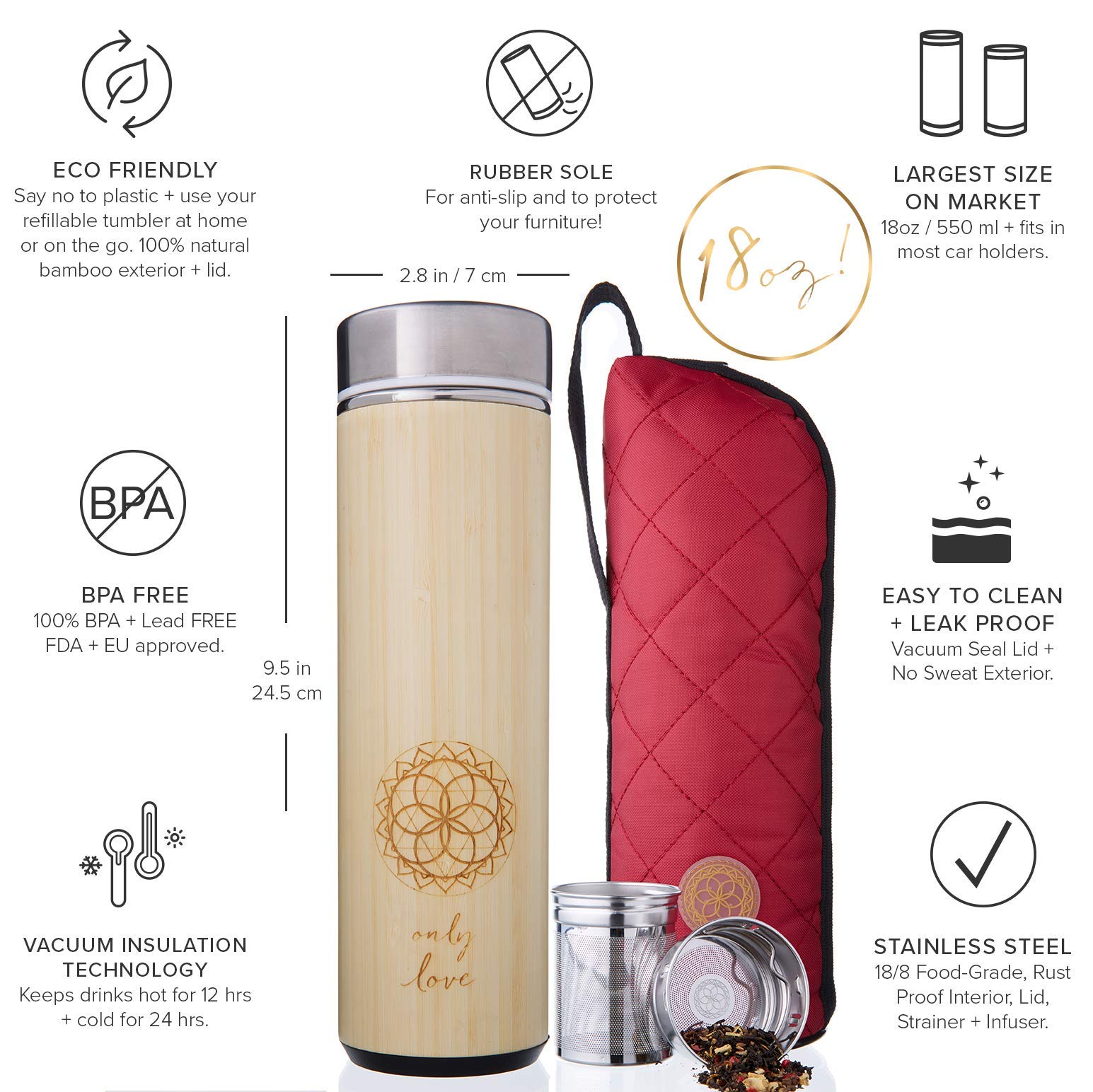 Sacred Lotus Love Insulated Bamboo Tea Travel Tumbler with Infuser, Strainer & Sleeve - For Hot Coffee or Cold, Stainless Steel