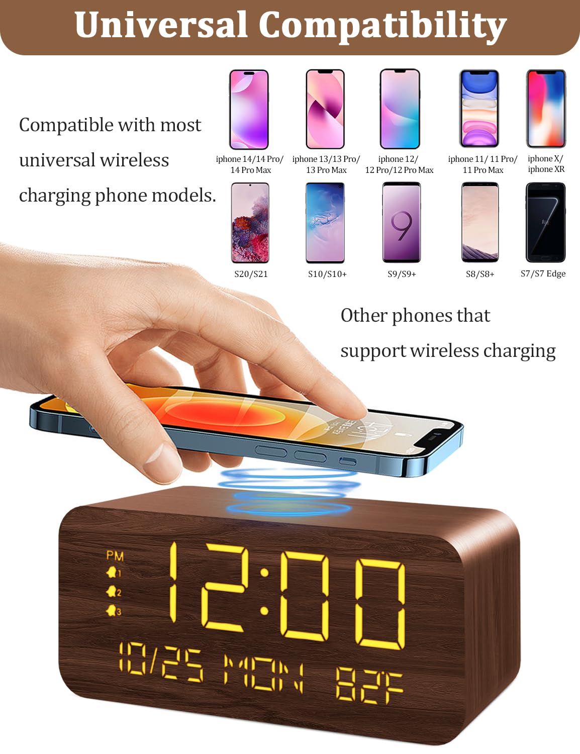 Digital Alarm Clock, with Wooden Electronic LED Time Display, 3 Alarm Settings, 10W Wireless charging, Day of the week, Temperat