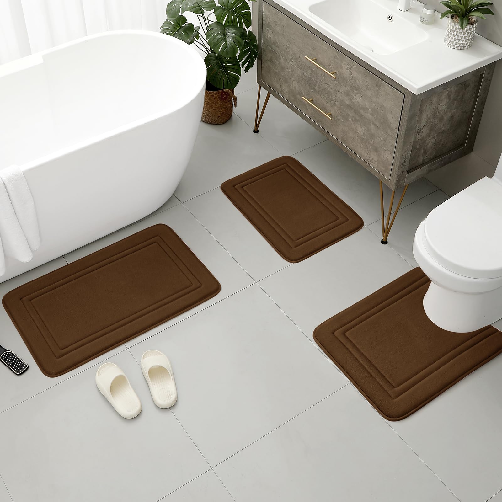 Bysure Brown Memory Foam Bath Mat, Non Slip Extra Soft Absorbent Machine Washable, Bathroom Rugs Sets 3 Piece For Toilet Shower