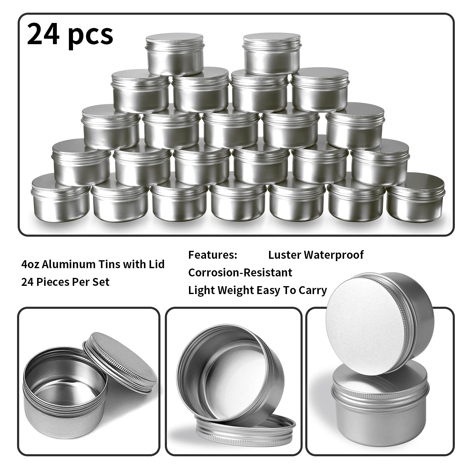 24 Pack 4 Oz Aluminum Balm Tins For Pill Storage, Jar Containers With Screw Thread Lid For Lip Balm, Cosmetic, Salve, Aluminum T