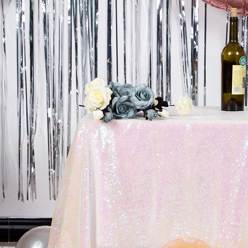 Jyflzq White Iridescent Sequin Tablecloth 50 X 50 Square Sparkly Drape Table Cloths Table Cover Overlay For Wedding Birthday Par