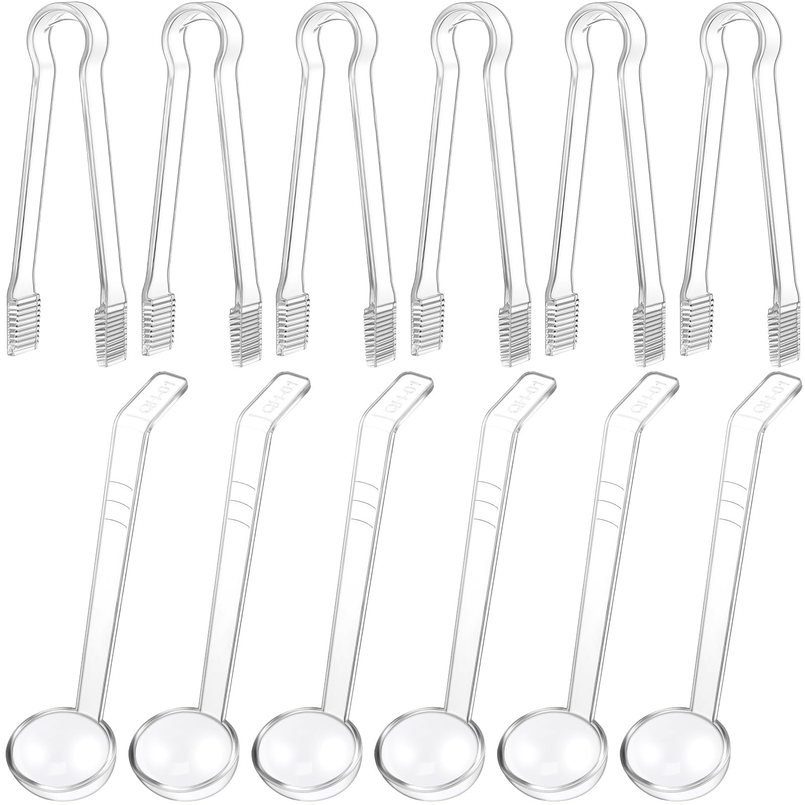 12 Pieces Plastic Serving Utensils Set Including 6 Pcs 1 oz Small Ladle and 6 Pcs Tong Acrylic Long Handle Ladle for Serving Sau