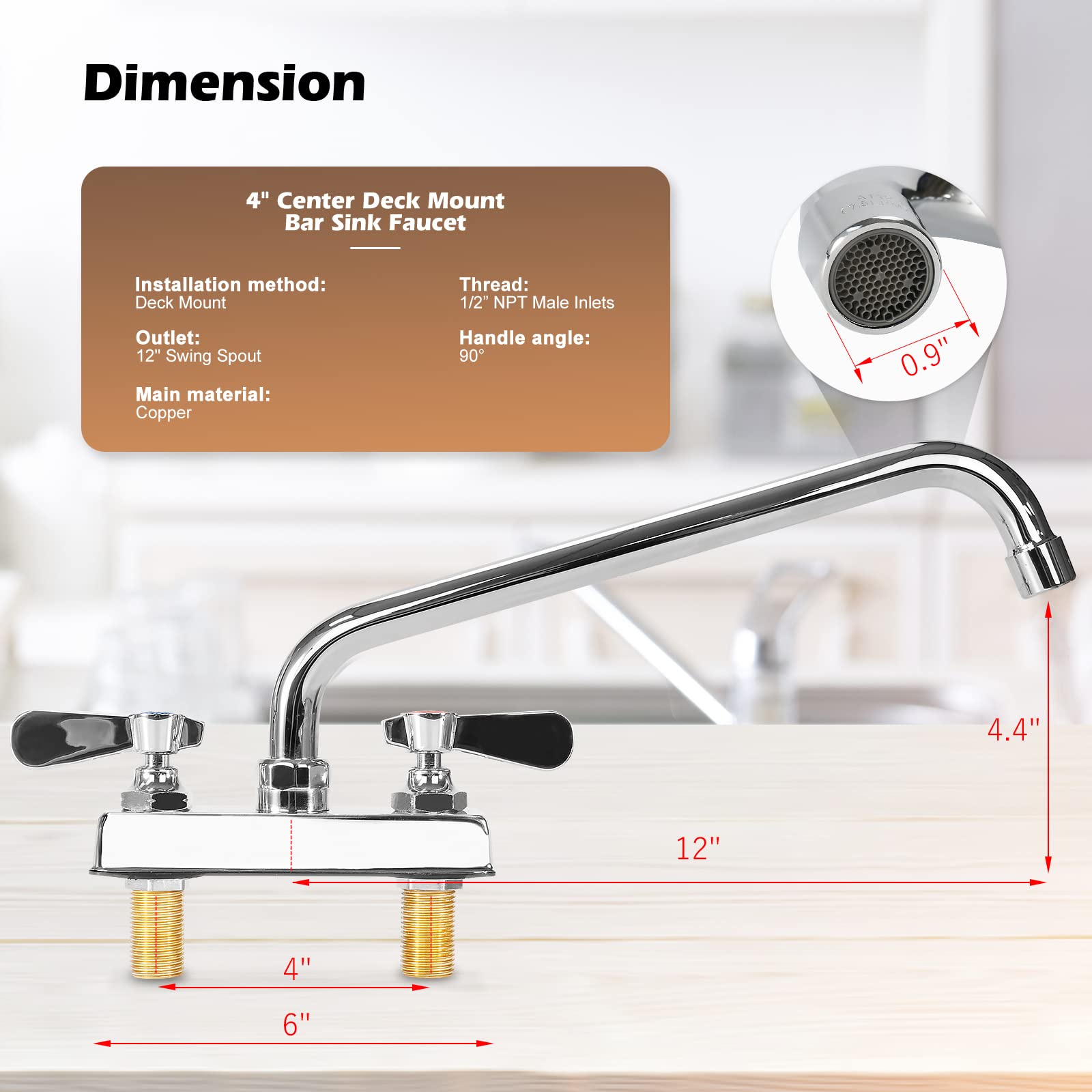 Commercial Bar Sink Faucet 4 Inch Center Deck Mount Bar Sink Faucet 2 Hole Brass Constructed & Chrome Polished With 12'' Swivel
