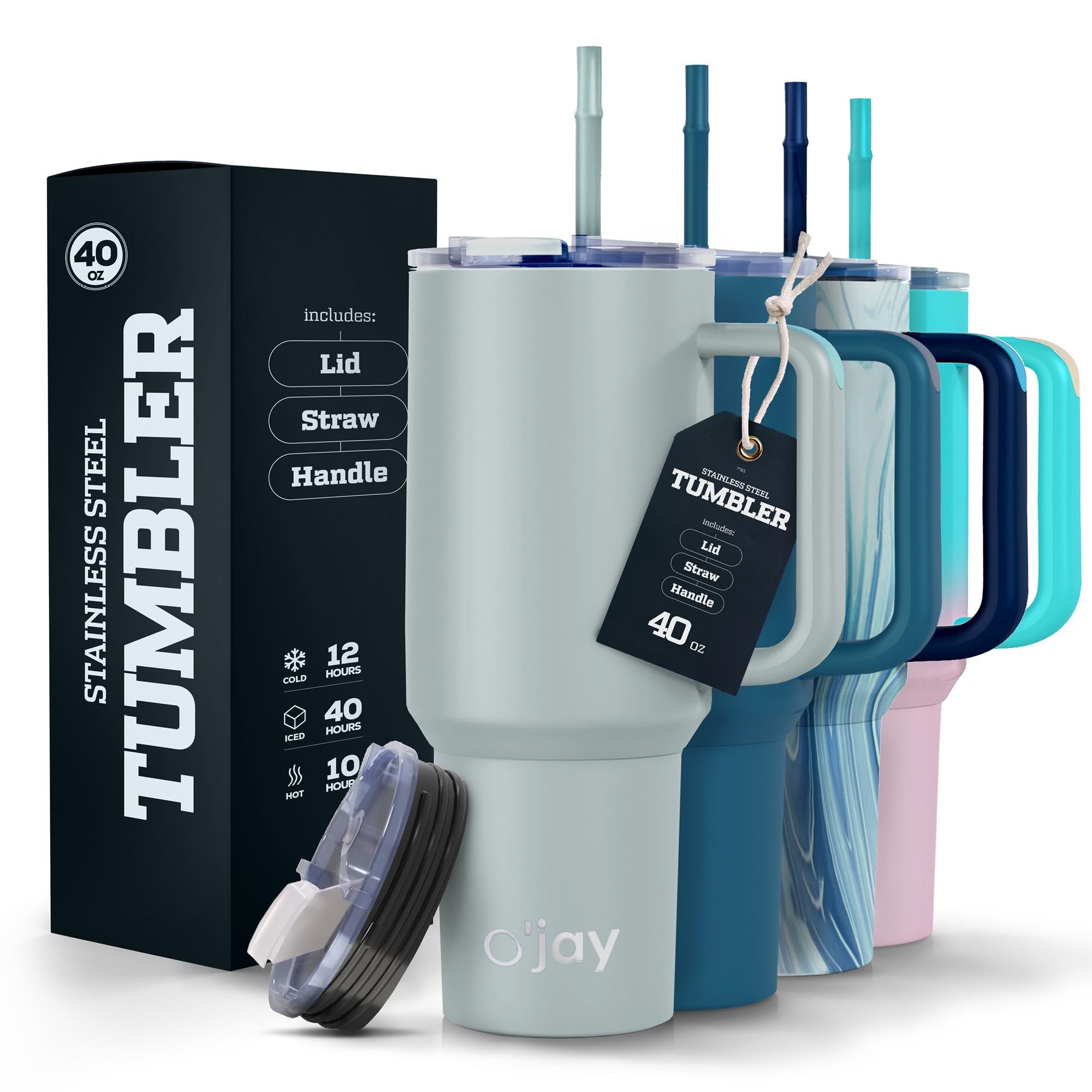 O'Jay Insulated 40Oz Tumbler With Handle And Straw Lid - 100% Leak-Proof - Cupholder Friendly Travel Mug - Stainless Steel Insul