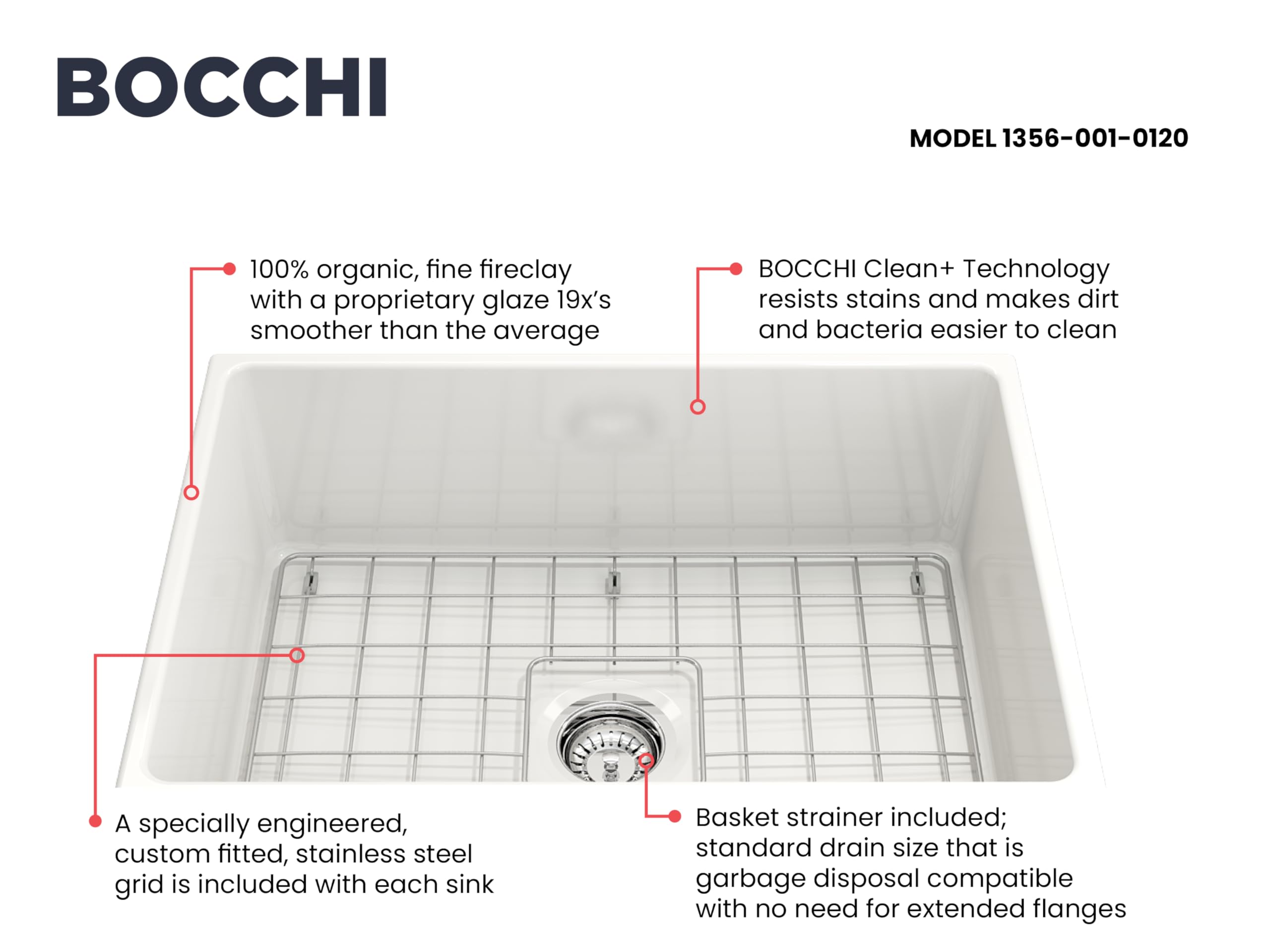 Bocchi Contempo Farmhouse Apron Front Fireclay 27 In. Single Bowl Kitchen Sink With Protective Bottom Grid And Strainer In White