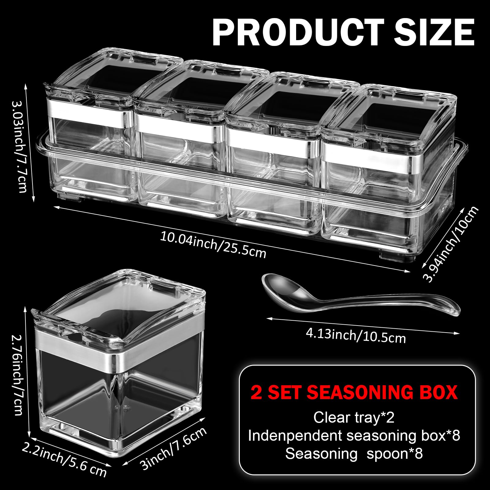 2 Set Acrylic Seasoning Organizer Box 8 Pcs Clear Seasoning Rack Spice Pots Condiments Containers with Lids and Spoons Storage C