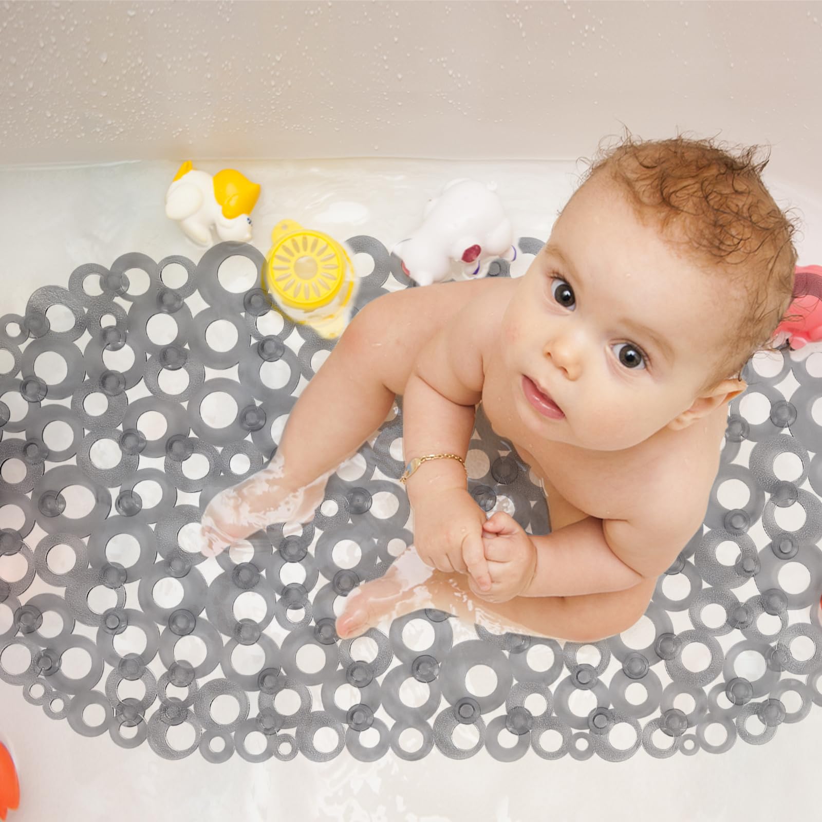 Weltrxe Oval Bathtub Mat Non Slip, Grey Bubbles Bath Mats For Tub, Shower Mat With Drain Holes, Suction Cups, Machine Washable B