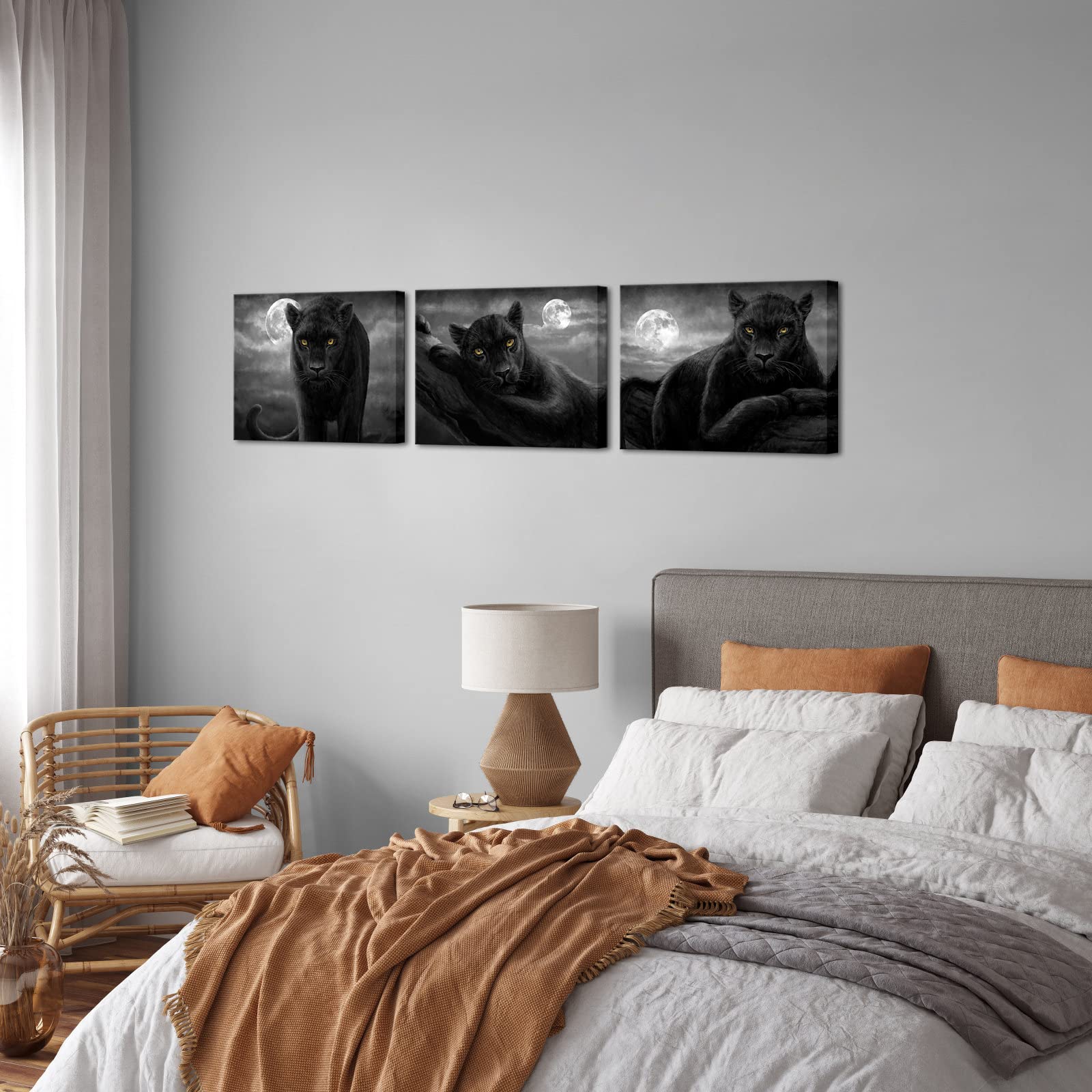 Sechars Panther Canvas Wall Art Black And White Animal And Full Moon Painting Picture Print Wildlife Leopard Artwork For Living