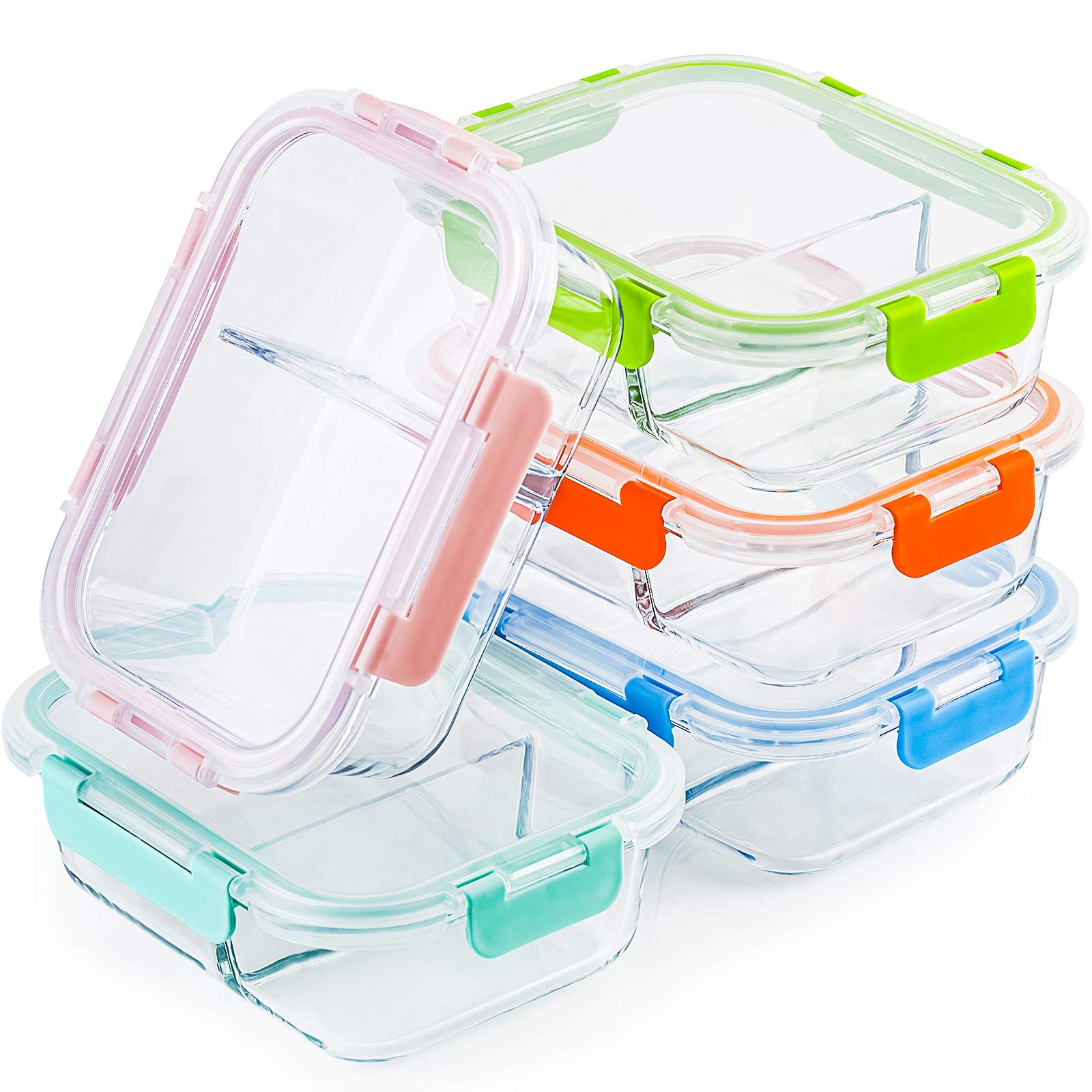 C CREST Glass Meal Prep Containers 2 Compartment Set, 5-Pack, 34oz, Glass Bento Boxes for Adults, Divided Glass Lunch Containers
