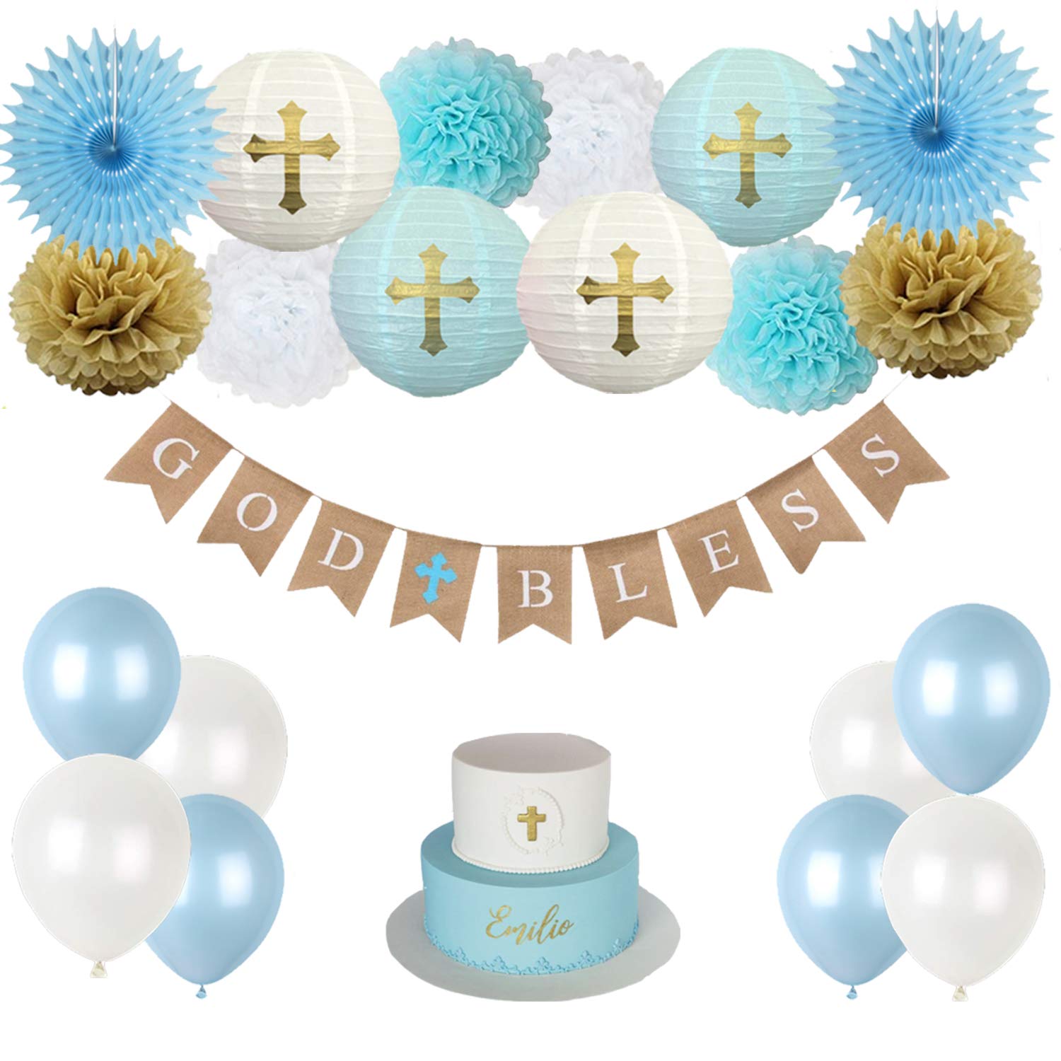 Chrorine Baptism Decorations For Boys, First Communion Confirmation Decorations, God Bless Banner And Blue Party Decorations - B