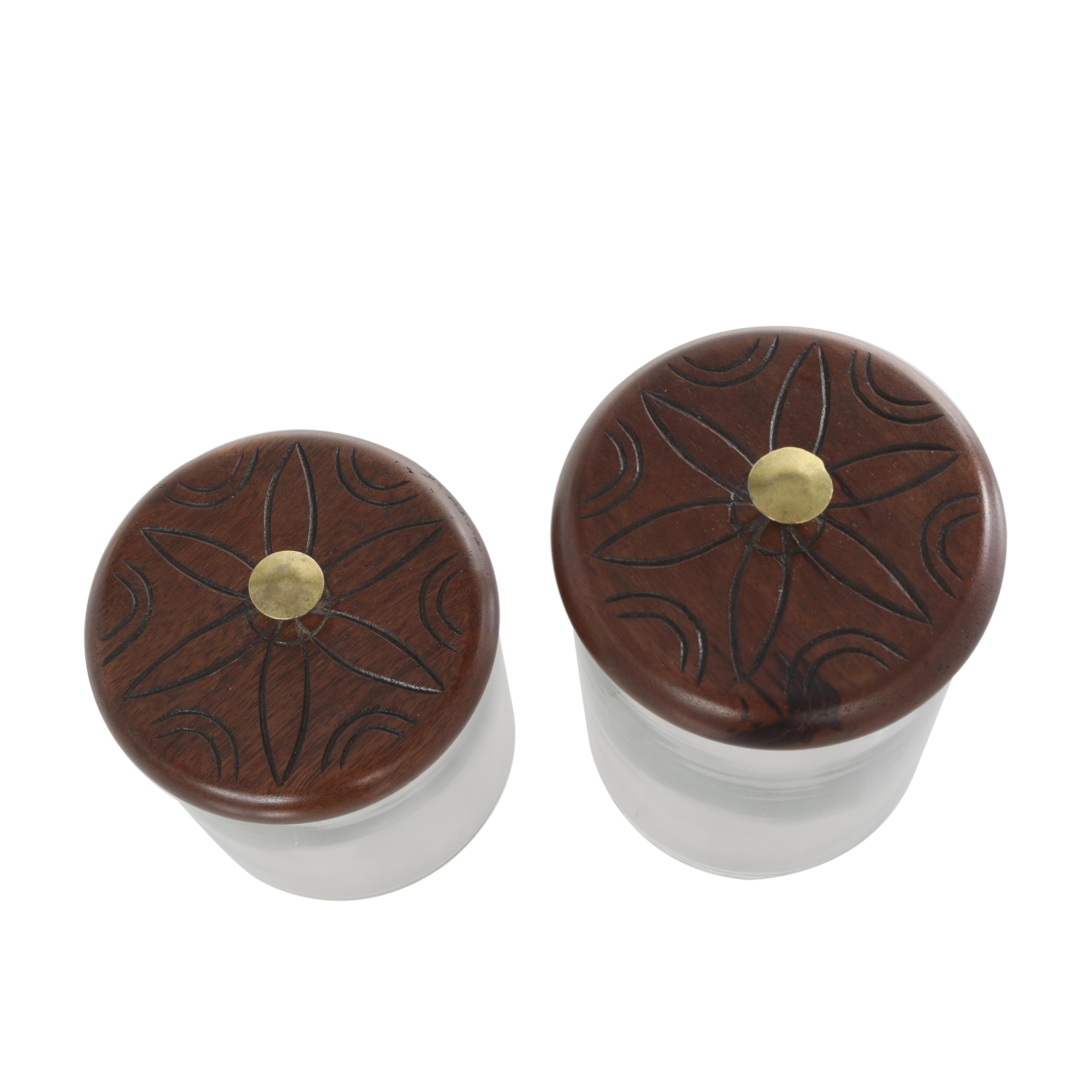 Deco 79 Glass Floral Living Room Decorative Jars Carved Decorative Container with Brown Wooden Lids and Gold Knobs, Set of 2 Jar