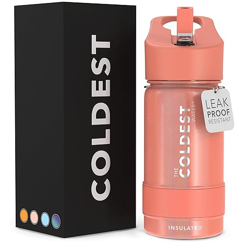 Coldest Sports Water Bottle - Straw Lid Bottle with Handle Leak Proof  Vacuum Insulated Stainless Steel  Double Walled  Thermo Mug  Metal  Pink Froze 14 oz