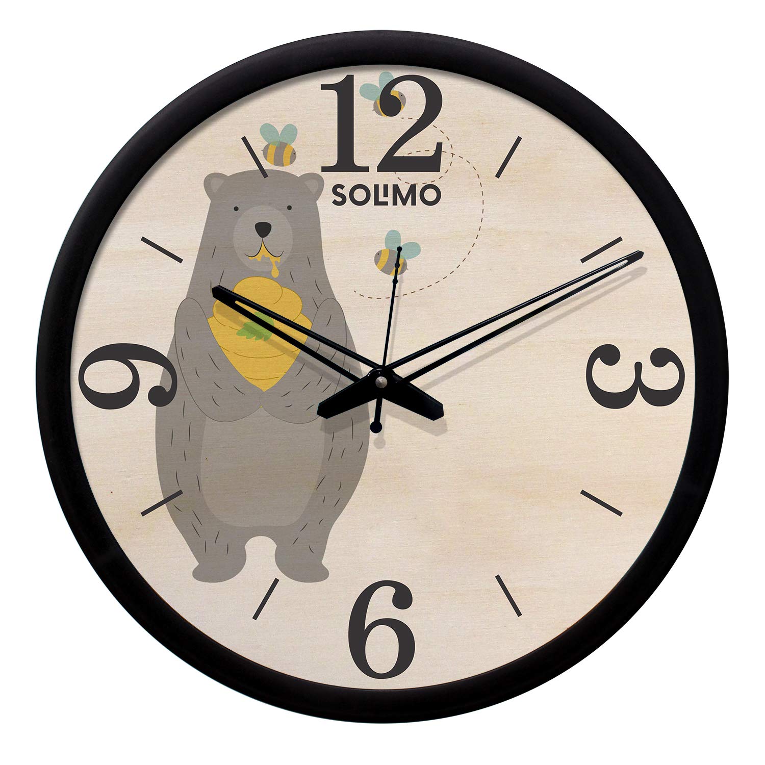 Amazon Brand - Solimo 12-Inch Plastic & Glass Wall Clock - Bear (Silent Movement, Black Frame)