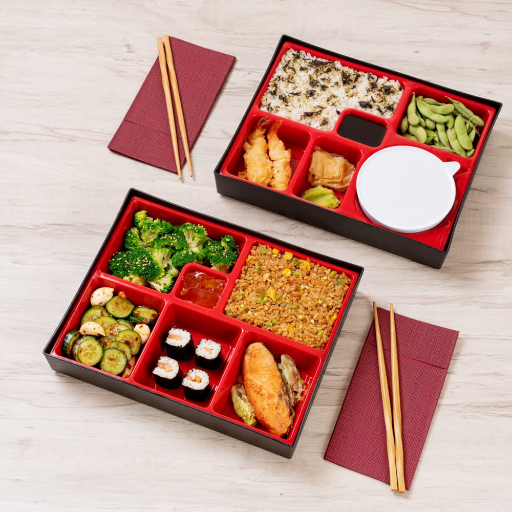 Restaurantware Bento Tek Rectangle Black & Red Large Japanese Style Bento Box - 6 Compartments - 12 1/4'' X 9 3/4'' X 2 1/4'' -