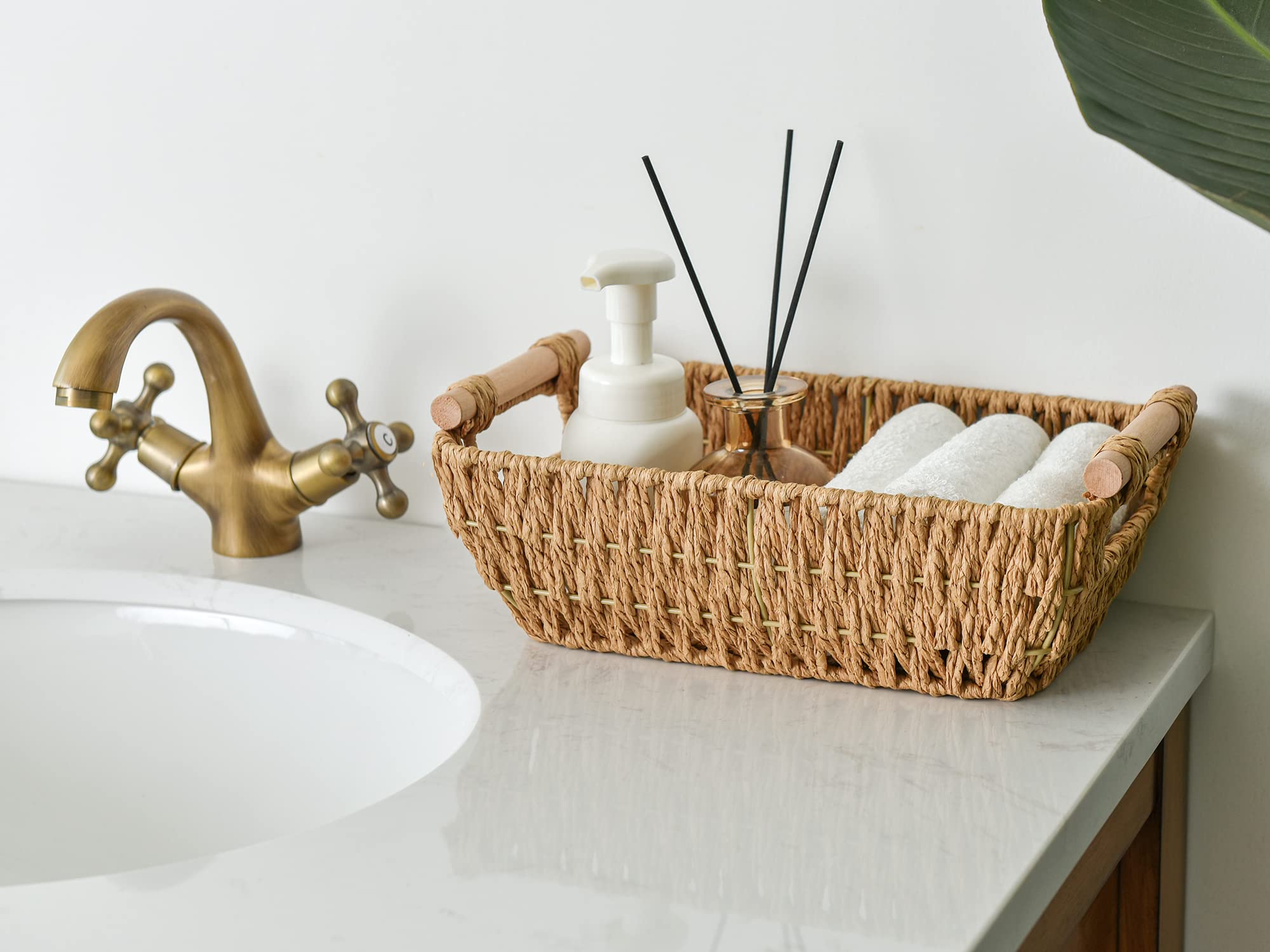 StorageWorks Hand-Woven Small Wicker Baskets  Round Paper Rope Storage Baskets with Wooden Handles  Light Brown  2-Pack