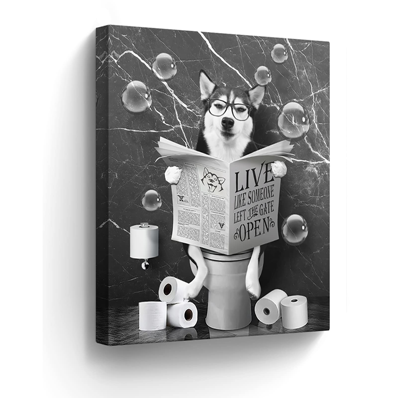 Husky Dog Sitting In Toilet Bathroom Decor Wall Art Funny Husky Pictures Black And White Bathroom Wall Decor Farmhouse Dogs Pain