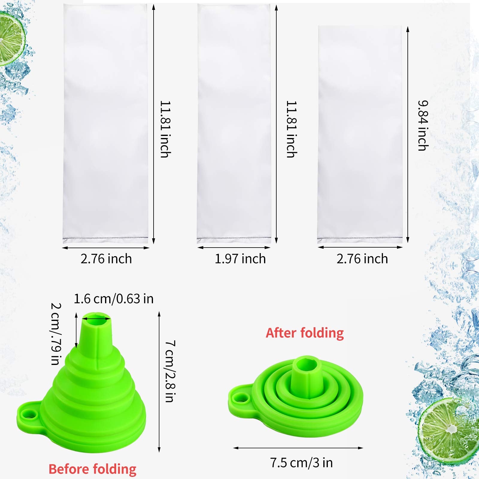 Ice Lolly Bags Disposable Ice Cream Mold Bags With Silicone Funnel, 3 Size Diy Ice Candy Pouch For Making Ice Cream Yogurt, 2X12