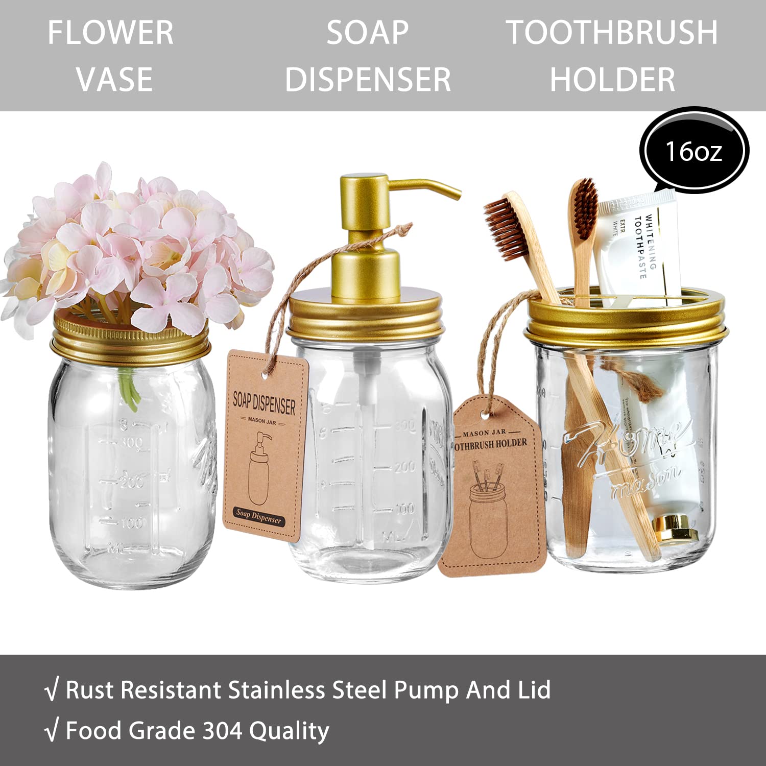 Mason Jar Bathroom Accessories Set 8 Pcs - Lotion Soap Dispenser,Toothbrush Holder,2 Apothecary Jars, Flower Vase,Soap Dish,Vani