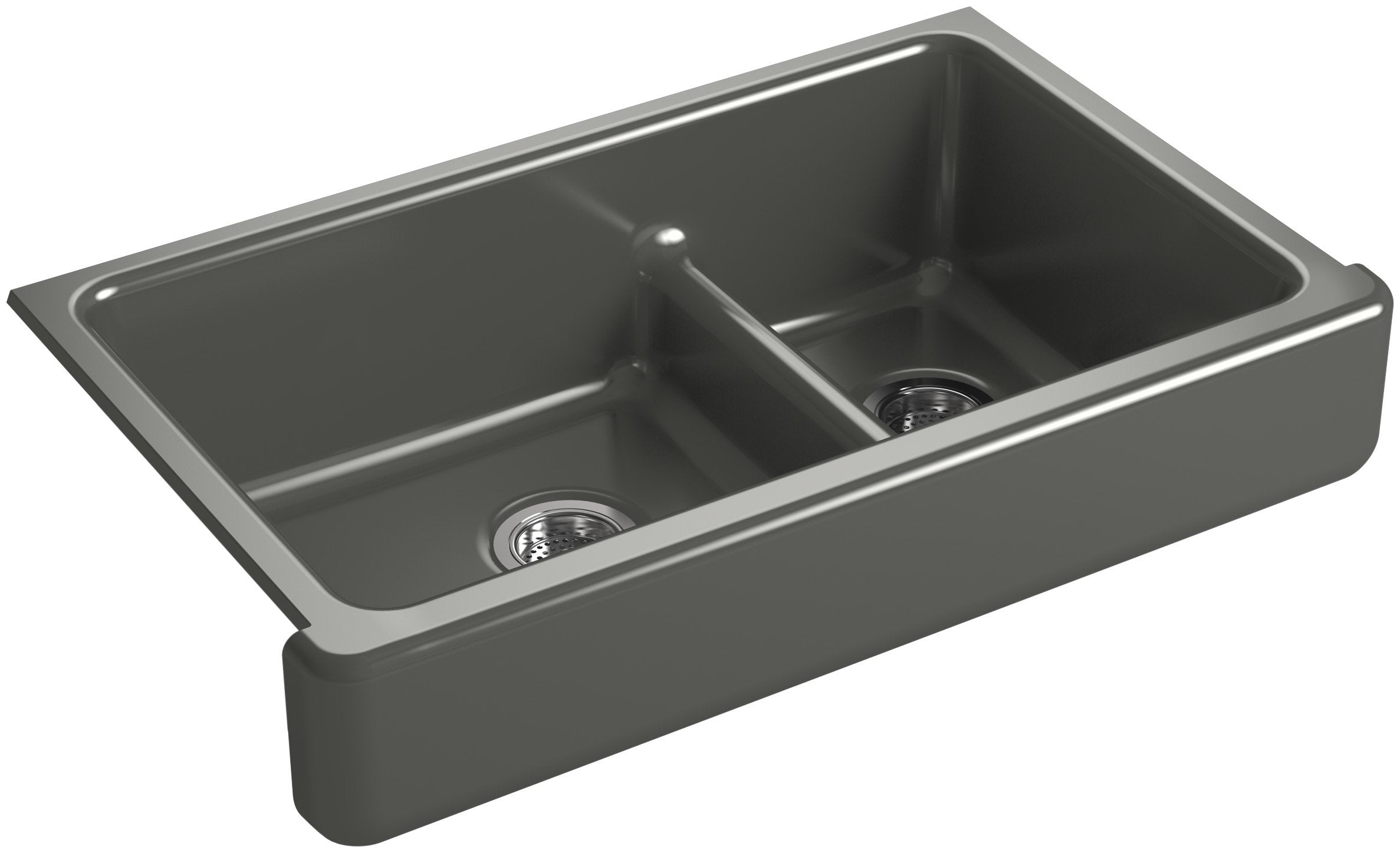 KOHLER Whitehaven Farmhouse Self-Trimming Apron Front Cast Iron Sink, Double Bowl with Short Apron, 36 Inch, Thunder Gray