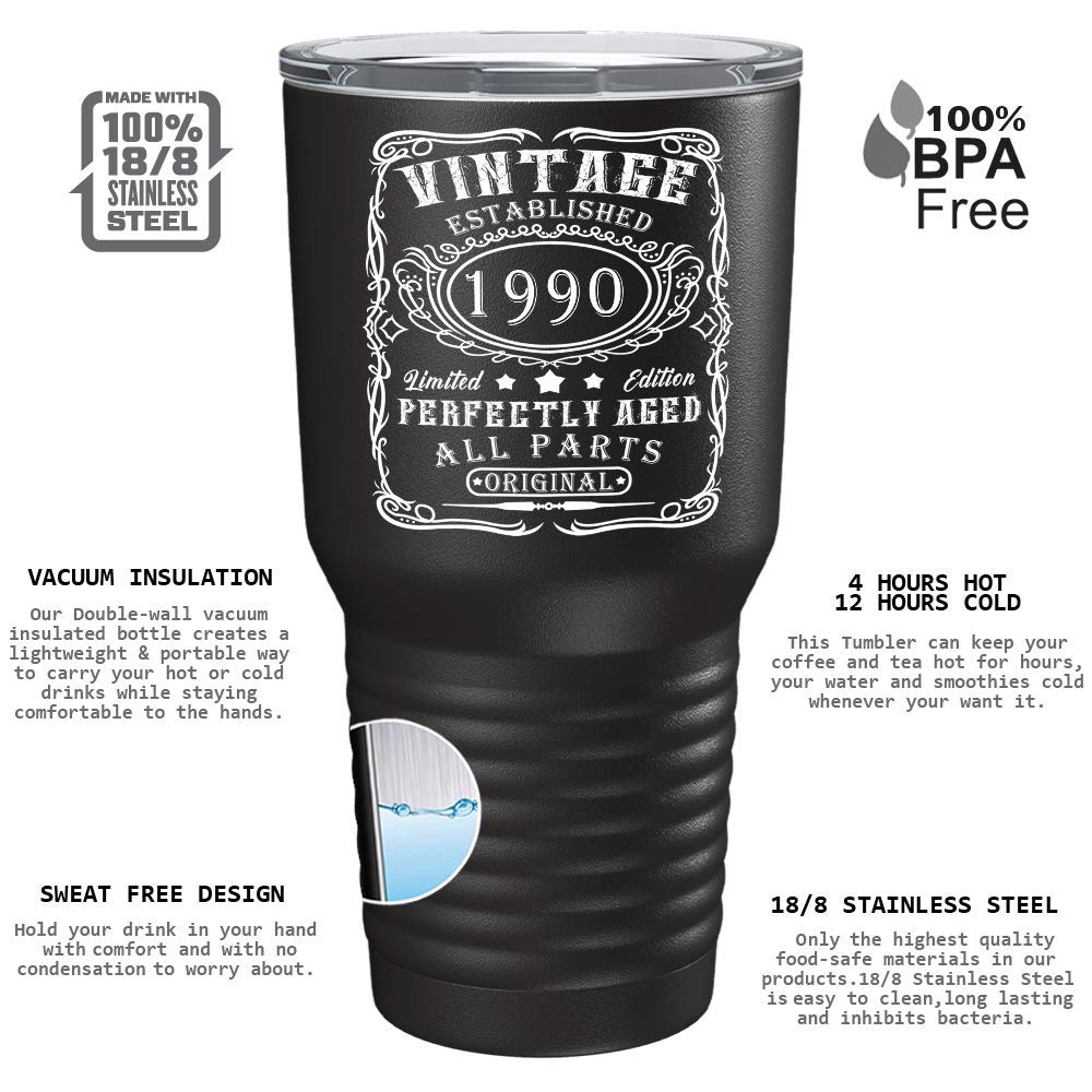 1990 30Th Birthday Gifts For Women Men On Black 30 Oz Vintage Perfectly Aged 30 Year Insulated Stainless Steel Tumbler With Lid