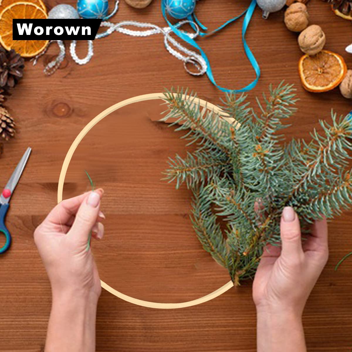 Worown 2pcs 12 Inch Wooden Bamboo Floral Hoops Wreath Rings for Making Wedding Wreath Decor and Wall Hanging craft