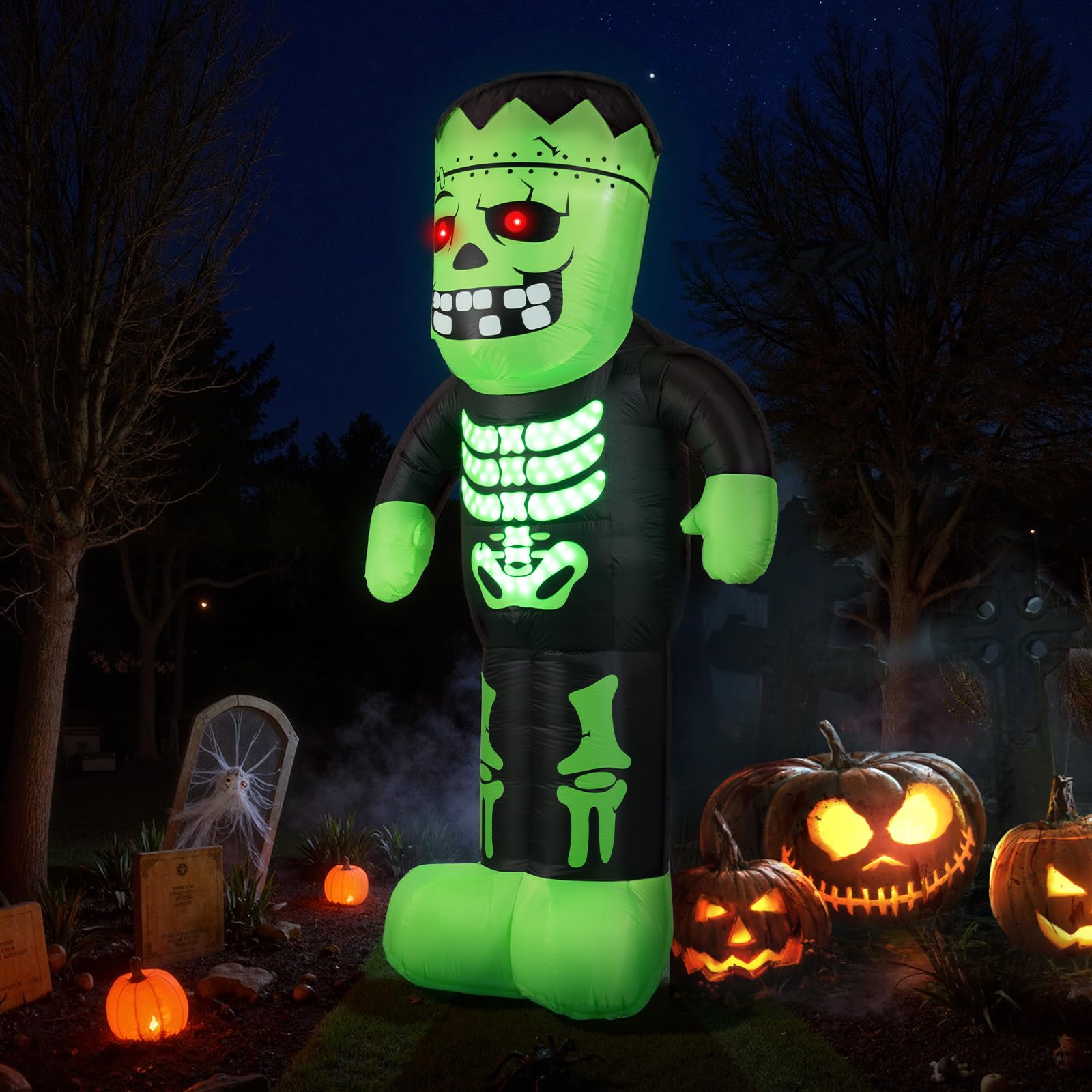 Tangkula 8.4 Ft Halloween Inflatable Frankenstein Skeleton, Light Up Outdoor Yard Decoration with LED Lights, Scary Blow Up Mons