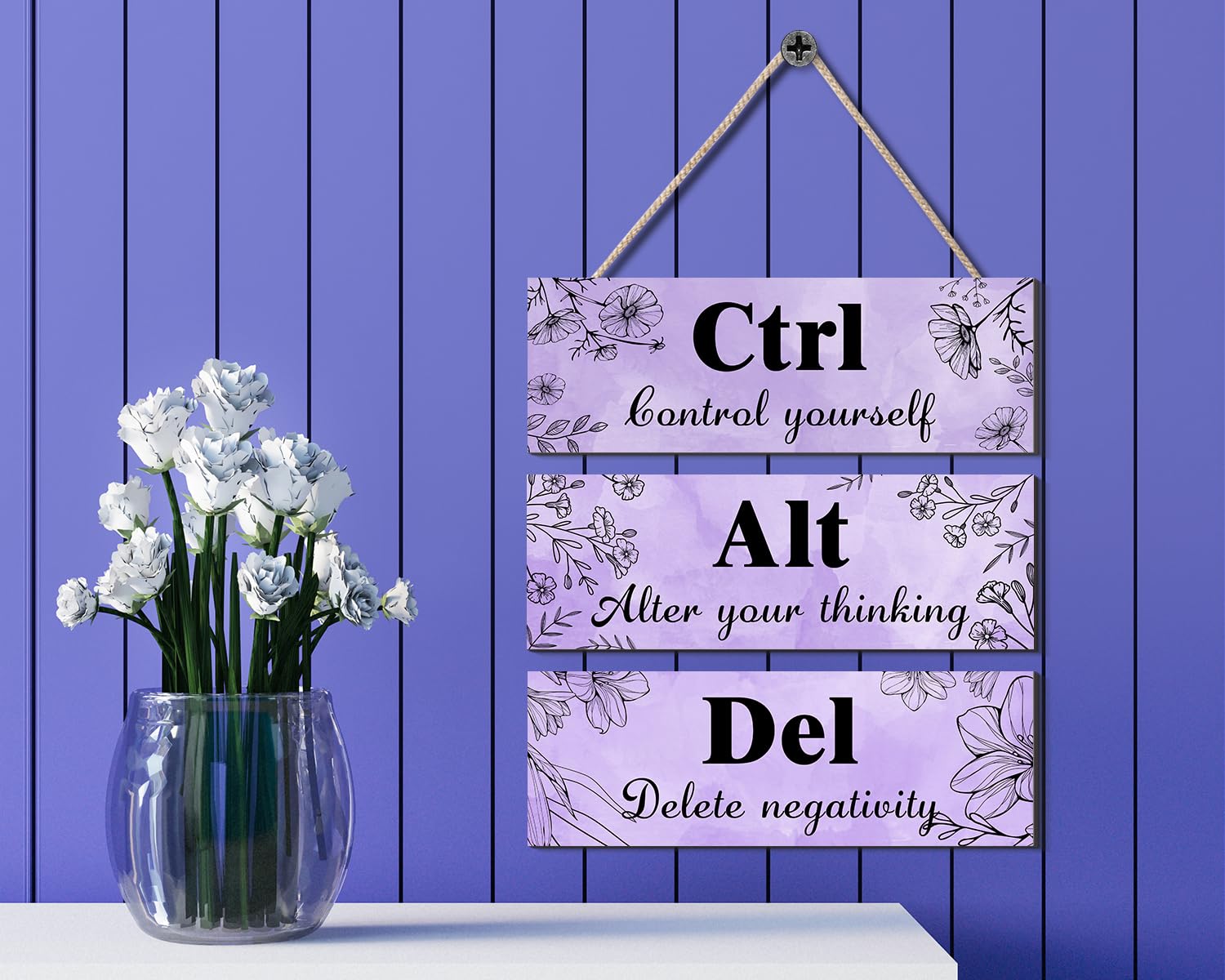 Ctrl Alt Del Inspirational Office Wall Decor, Red Rose Wall Art Wooden Wall Hanging With Positive Quotes For Girl Women Home Wal