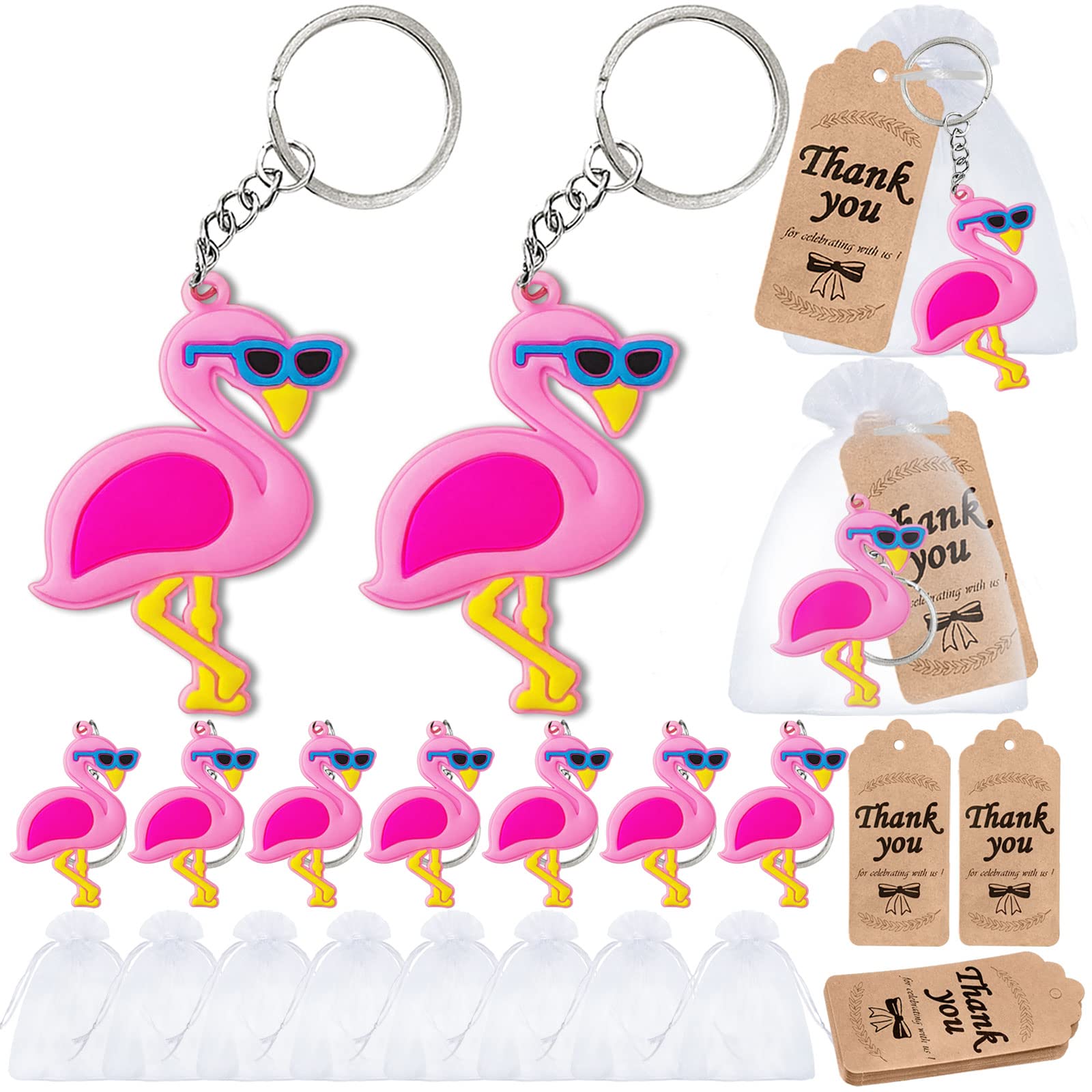 Elecrainbow 60 Pack Flamingo Party Favors Include 20 Keyrings, 20 Tags And 20 Bags For Hawaiian Tropical Luau Summer Beach Party