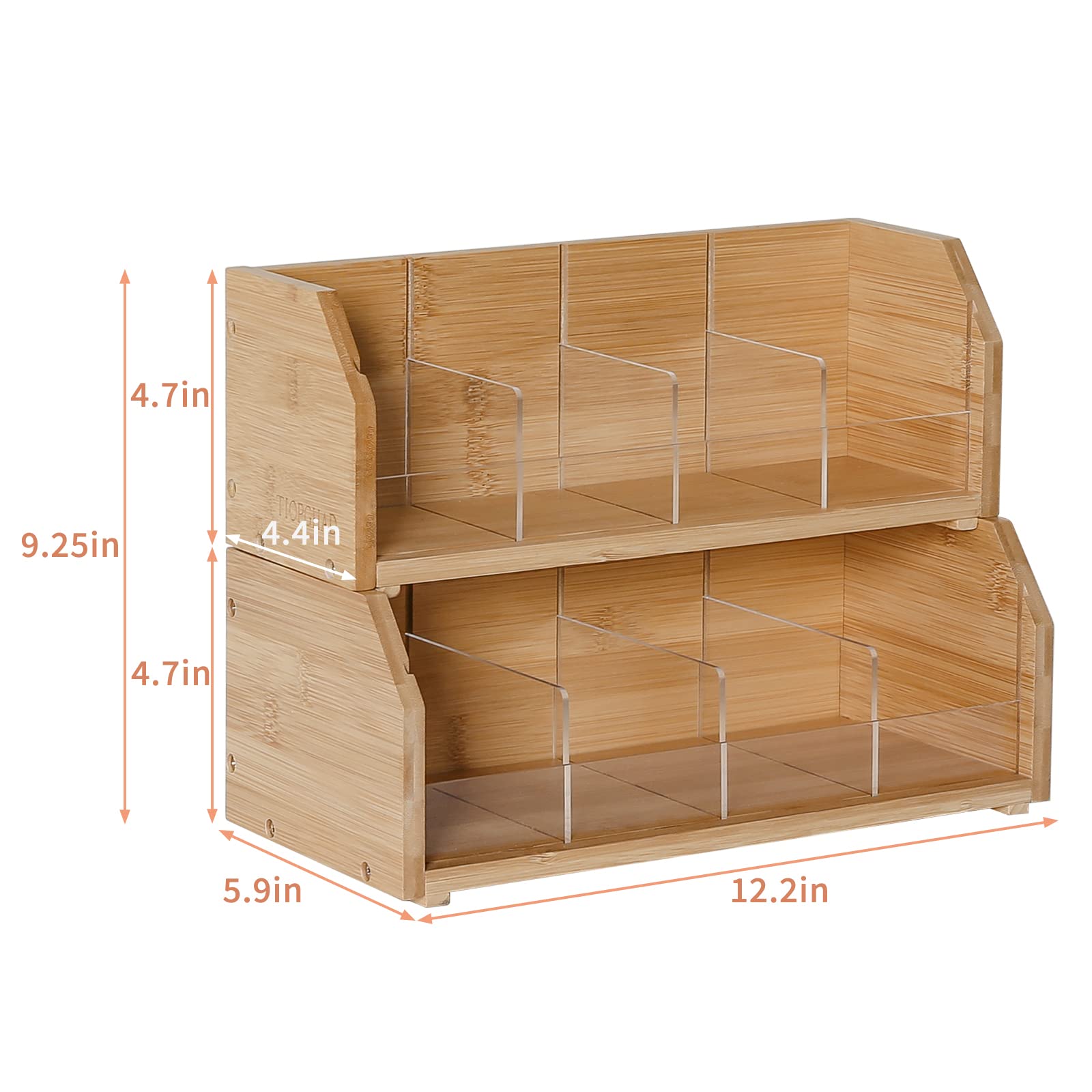 TIOPGHAD Bamboo Tea Bag Organizer - 2-Tier Stackable Storage Holder - Nature Bamboo - Model 2C-CBJ - Perfect for Countertop or Cabinet