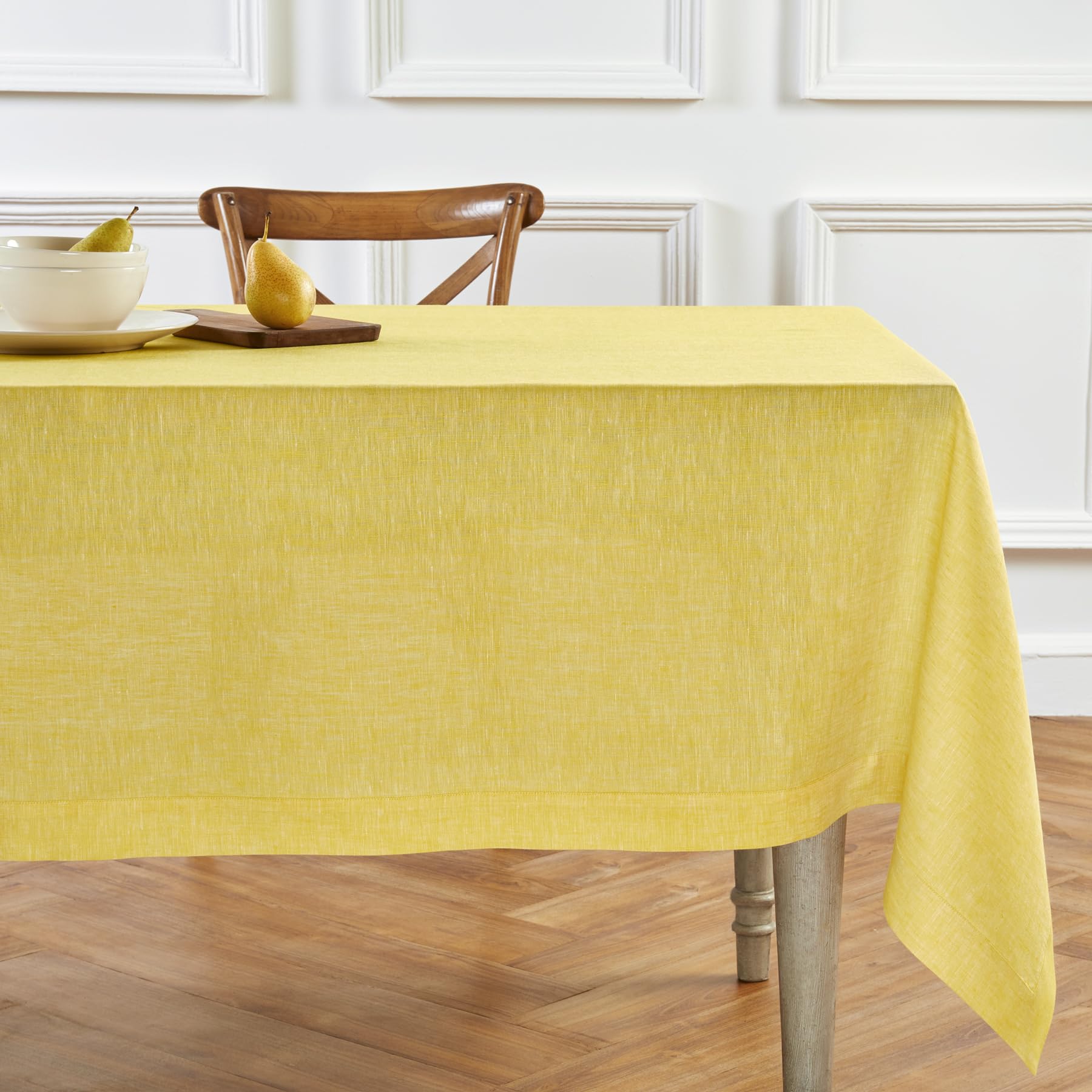 Solino Home Linen Tablecloth 108'' L X 60'' W Inch - 100% Pure Linen Chambray Lemon Yellow Table Cloth For Rectangle Tables - At