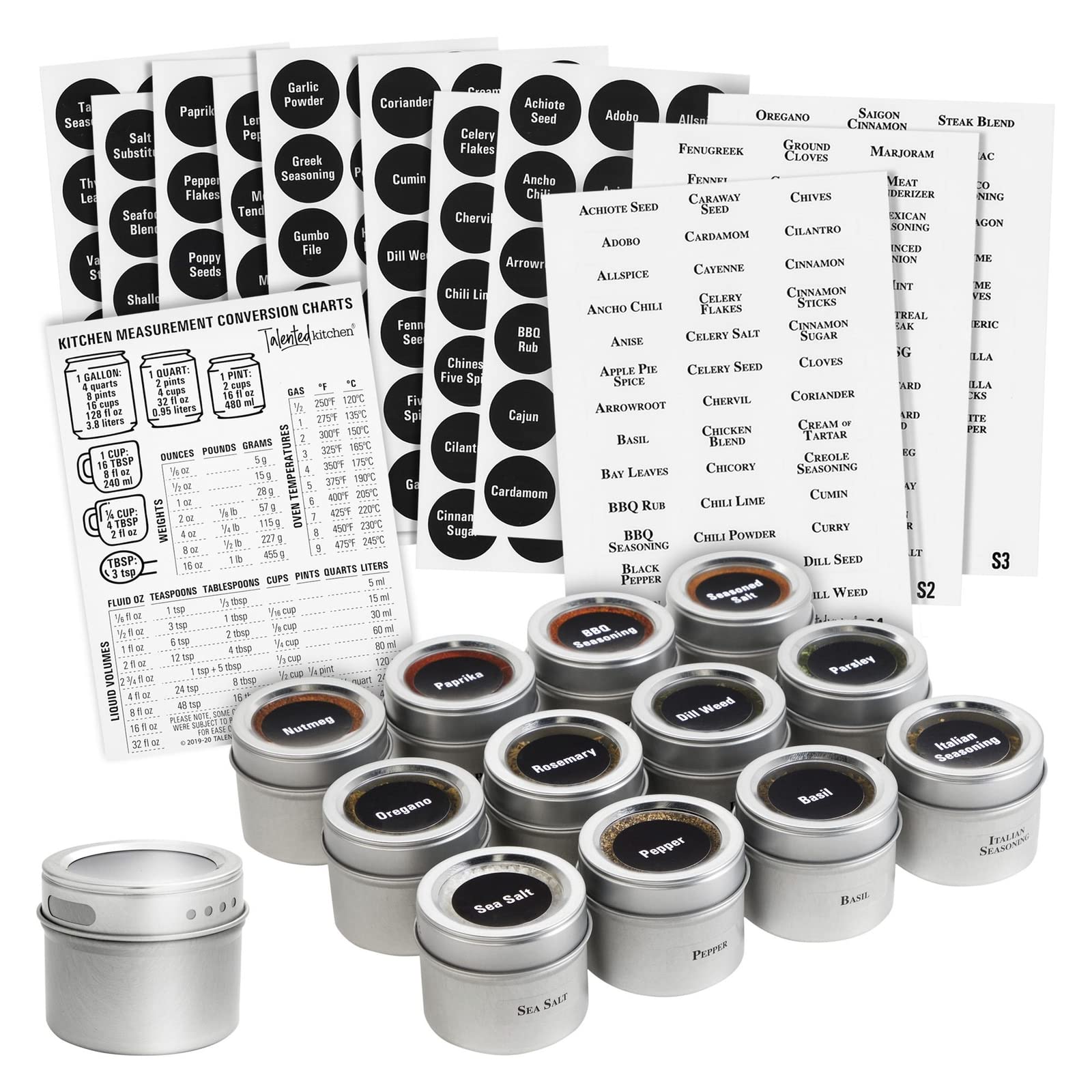 Talented Kitchen Magnetic Spice Jars for Refrigerator - 3oz Metal Spice Containers with Sift-and-Pour Lids (12 Magnet Spice Jars