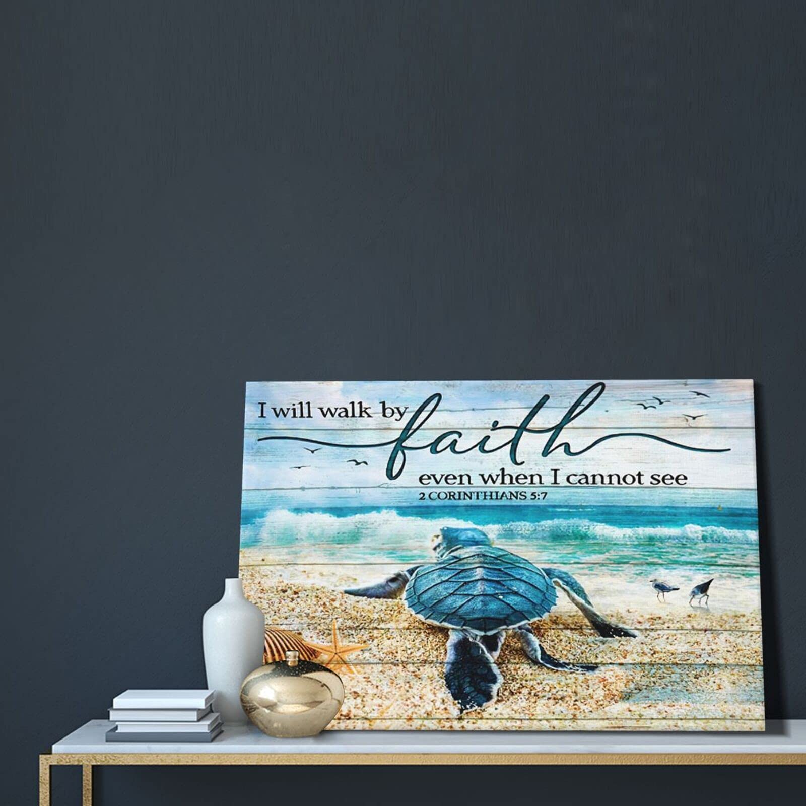 Tourrest Scripture Holy Bible Wall Art Teal Sea Turtle Walk By Faith Canvas Print Inspirational Quote Framed Blue Ocean Beach Co