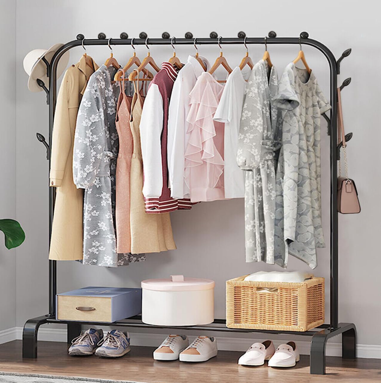 Strassis Design Metal Single Garment Stand With Bottom Shelves Garment Rack Metal Coat Hanging Rack With Multipurpose Shelf Clot