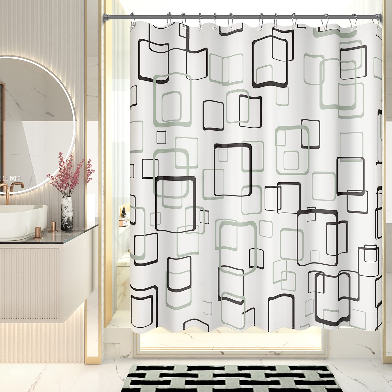 Amazerbath Shower Curtain Grey, Geometric Plaid Cloth Shower Curtain Sets With 12 Shower Curtain Hooks, Washable Fabric White Sh