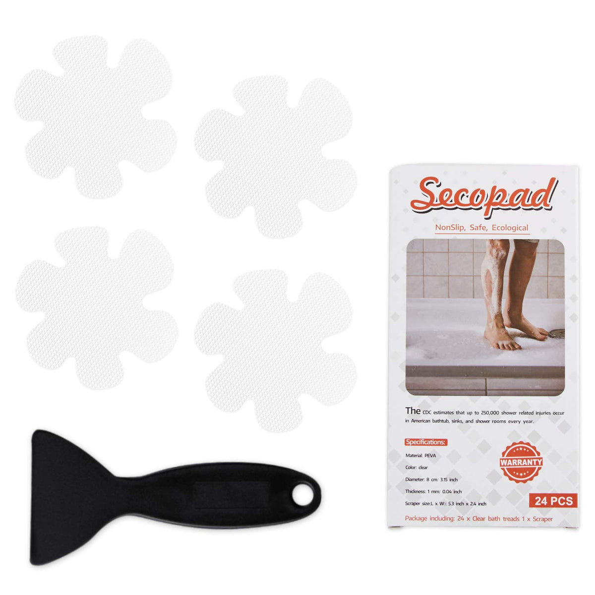 Secopad Non-Slip Bathtub Stickers Safety Bathroom Tubs Showers Treads Adhesive Decals Scraper (White Snowflake)
