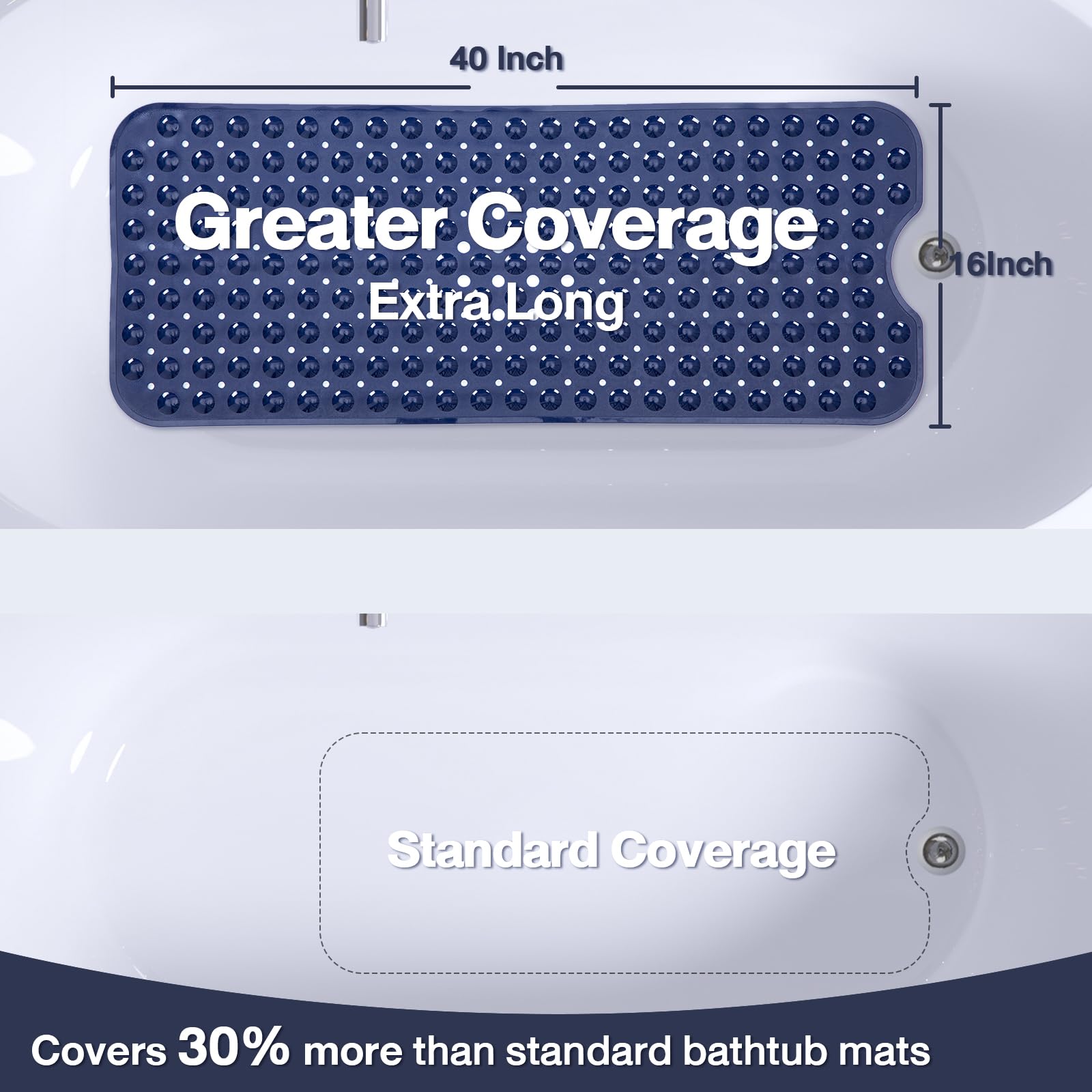 Naoloture Extra Long Bathtub Mat Non Slip, Navy Blue Soft Bath Mat For Tub 40 X 16 Inch Full Size, Bath Tub Shower Mats For Bath