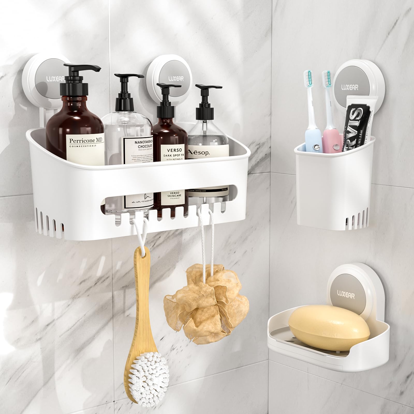 Luxear 3 Packs Shower Caddy Suction Cup Set - Shower Shelf+Soap Dish+Toothbrush Holder - 1 Second Installation No-Drilling Remov