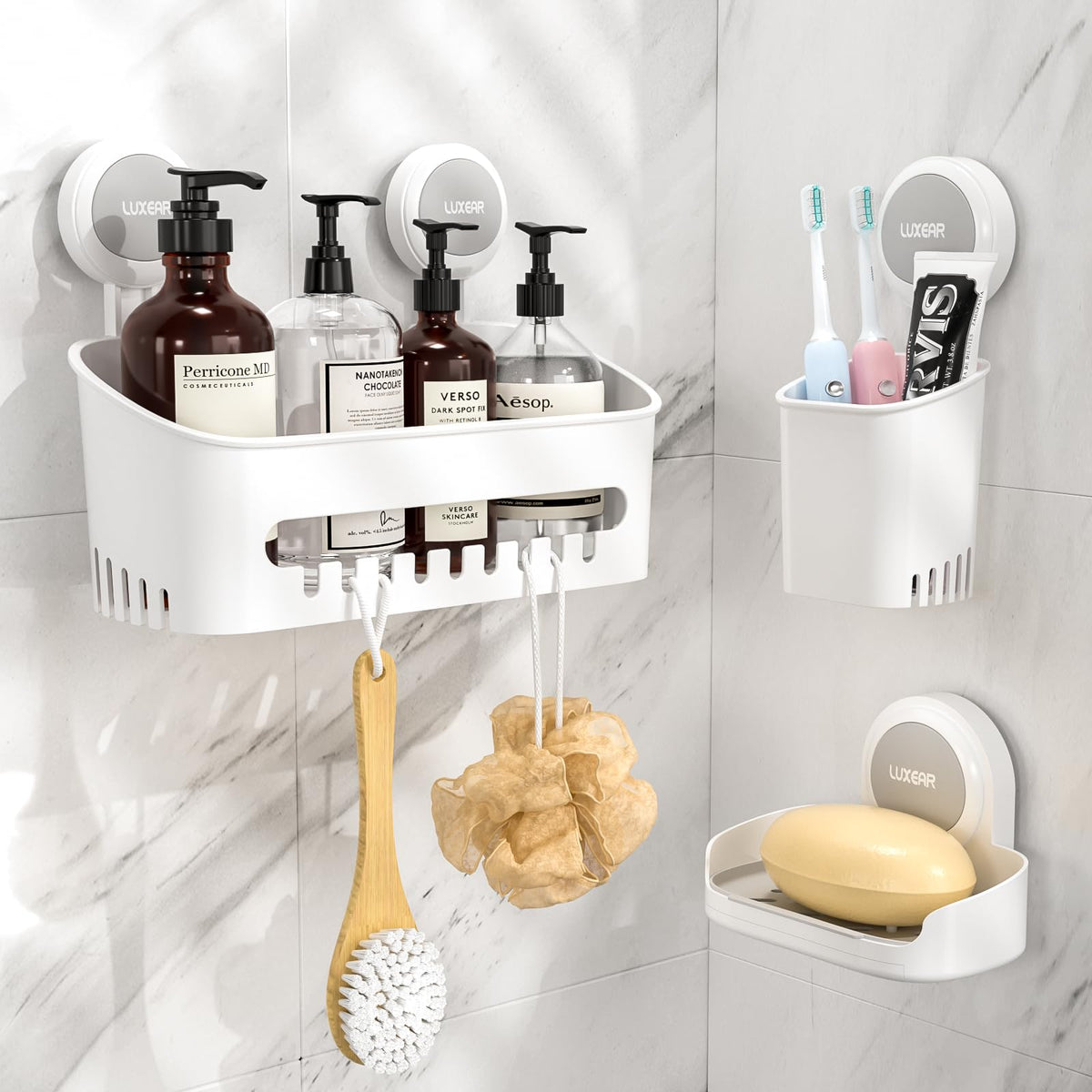 Luxear 3 Packs Shower Caddy Suction Cup Set - Shower Shelf+Soap Dish+Toothbrush Holder - 1 Second Installation No-Drilling Remov