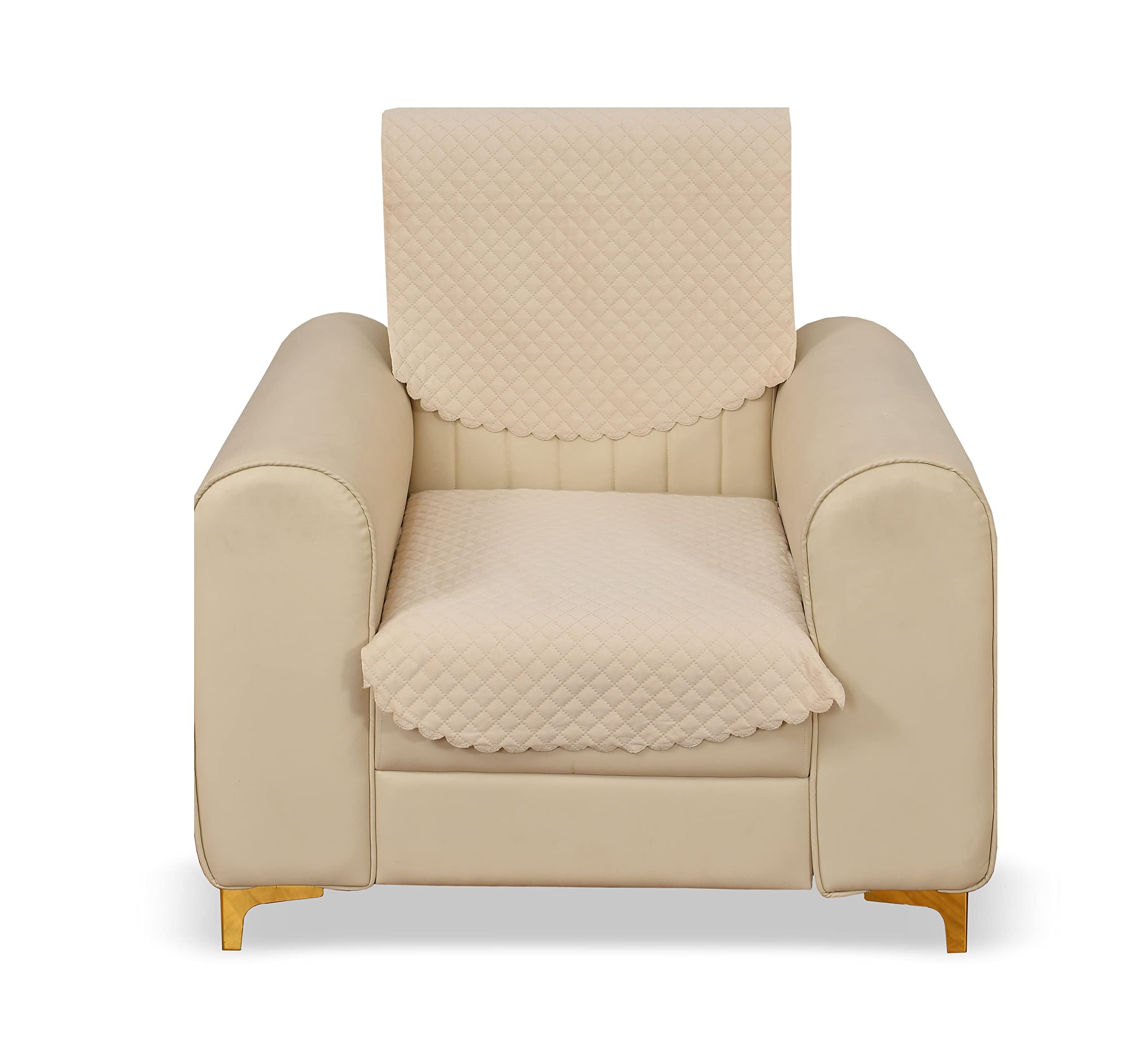 Yellow Weaves Velvet 1 Seater Self Design Quilted Sofa Chair Cover, Seat&Back Cover, Color - Beige