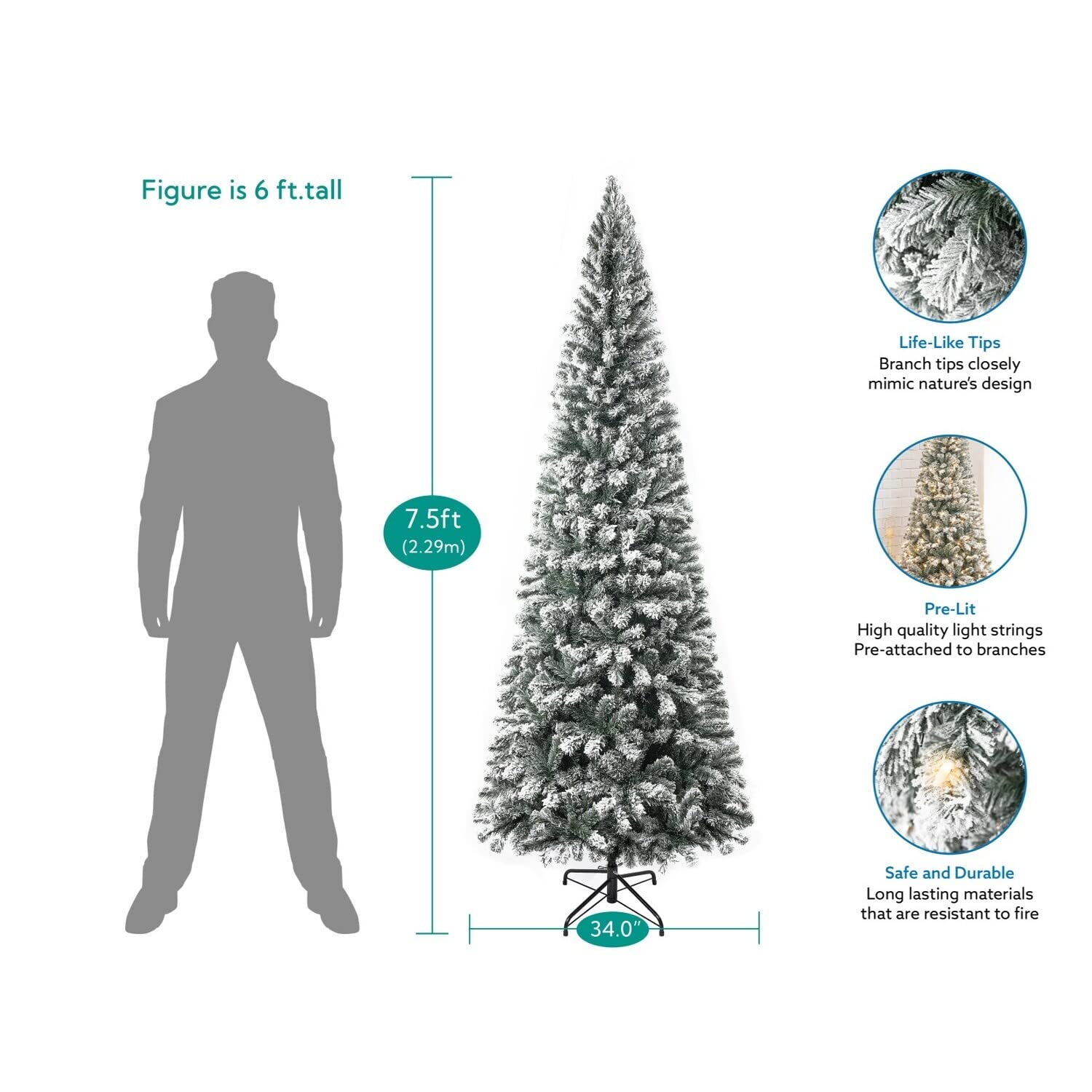 Naomi Home Salzburg 7.5ft Frosted Prelit Slim Artificial Christmas Tree with 1102 Branch Tips, 350 Warm Lights and Metal Stand,