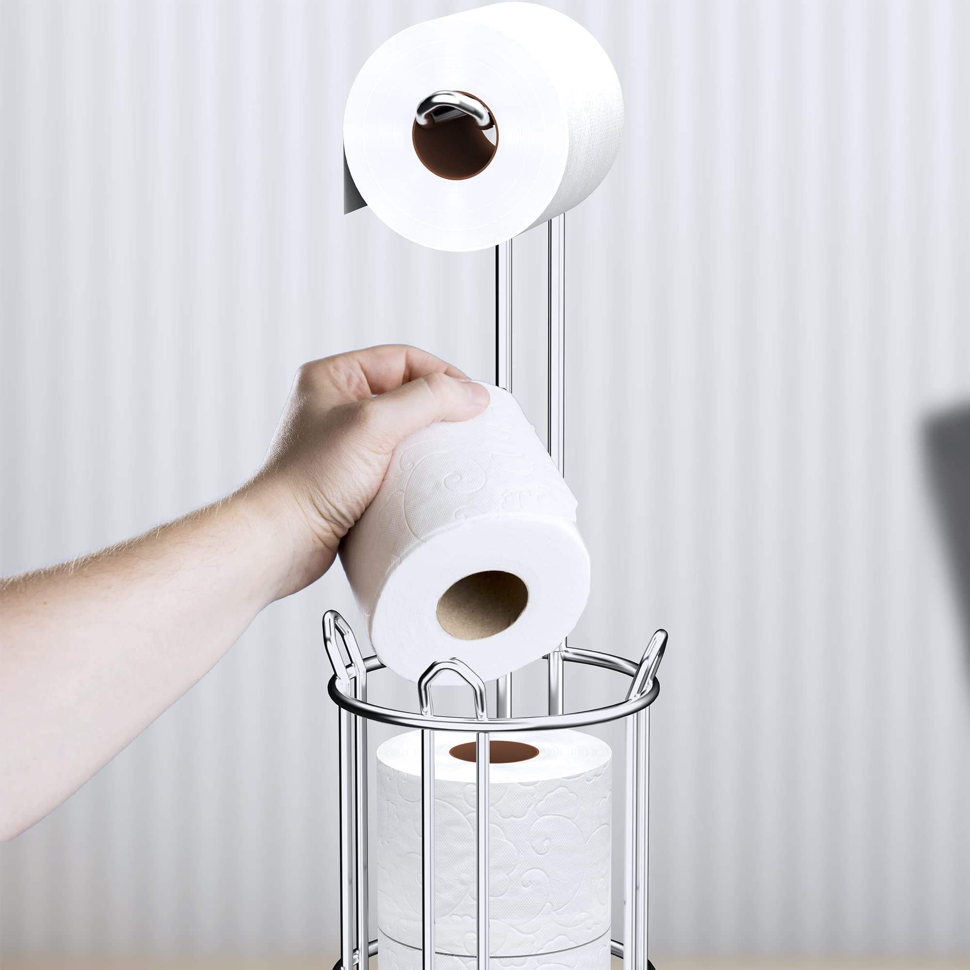 Meangood Toilet Paper Holder Stand and Tissue Paper Roll Dispenser for 4 Mega Rolls  Bathroom Free Standing Tissue Roll Storage Holder Rack  Metal Wire Silver