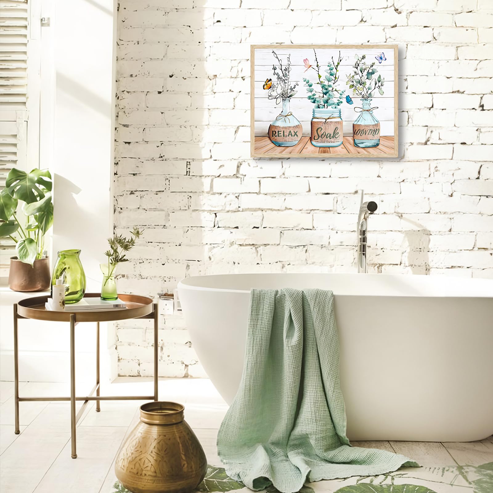 Dazzlewall Farmhouse Bathroom Wall Decor Poster Flower Green Leaf And Butterfly, Rustic Wall Poster For Bathroom Living Room Dec