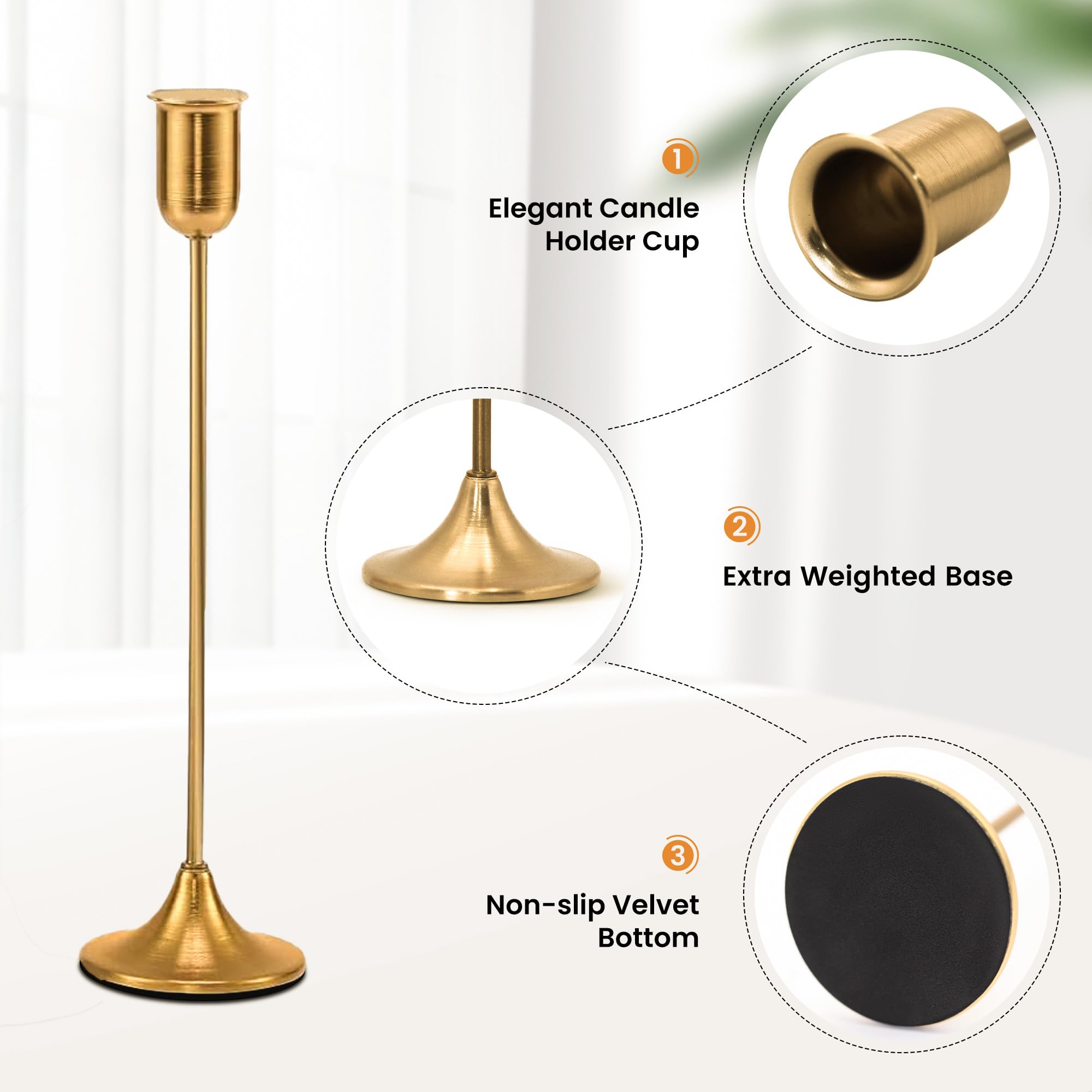 EAST FLAME Brass Gold Candle Holder - 3 PCS Taper Candlestick Holders - Vintage Candle Stick Holders - Modern Home Decor Centerp