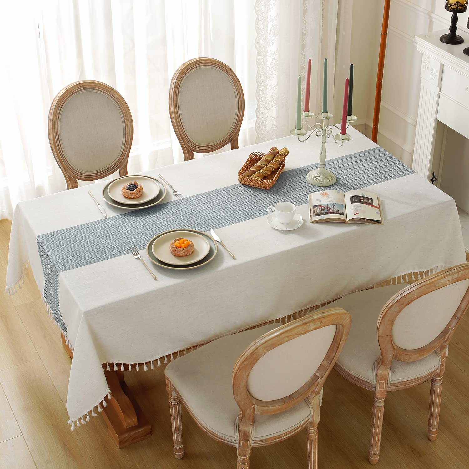 Laolitou Rustic Cotton Linen Table Cloth,Tablecloths For 6 Foot Rectangle Tables,Waterproof Washable Tablecloth With Tassel Rect