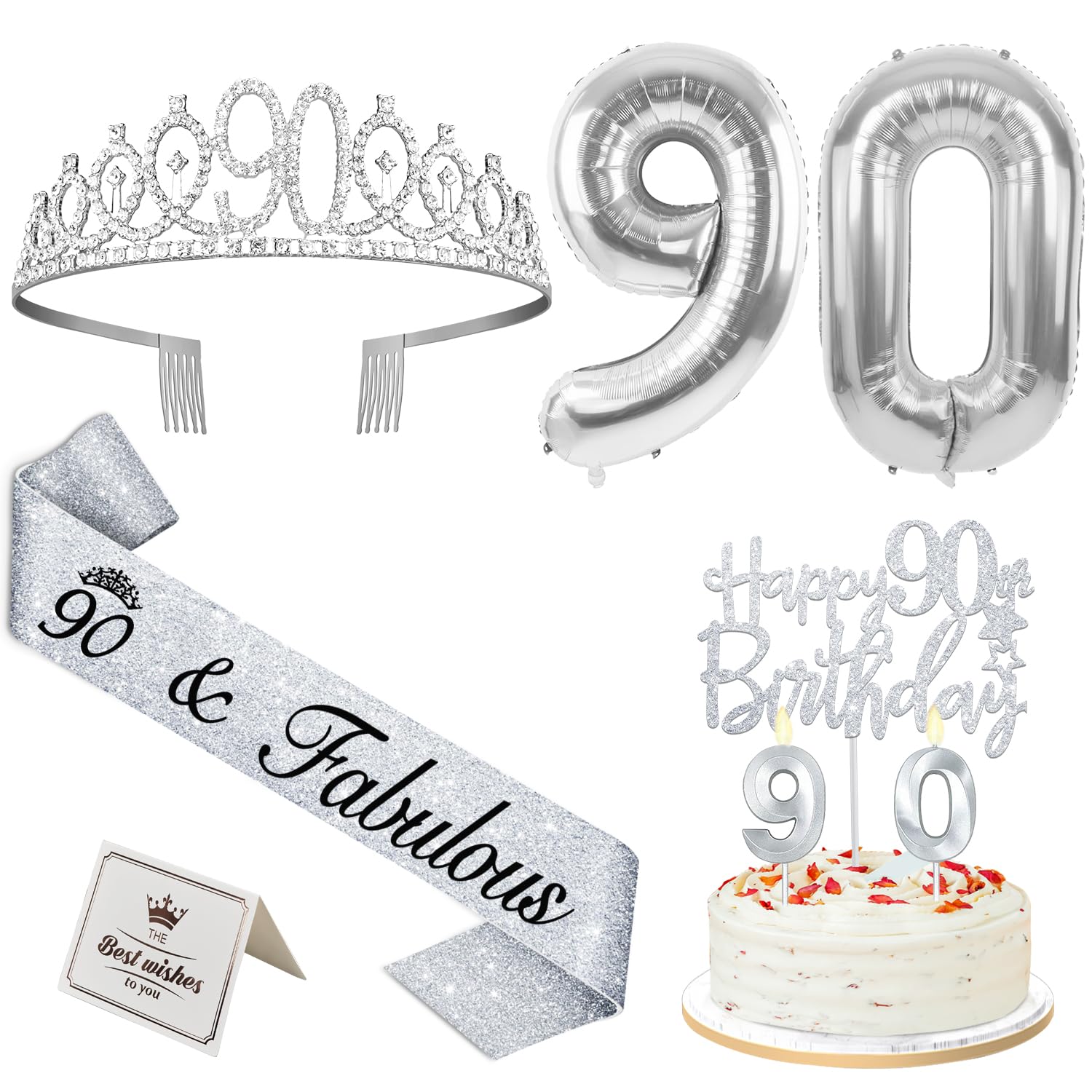90th Birthday Decorations for Women Silver with 90th Birthday Sash and Crown, Cake Topper and Candles, Silver Number Balloons, 9