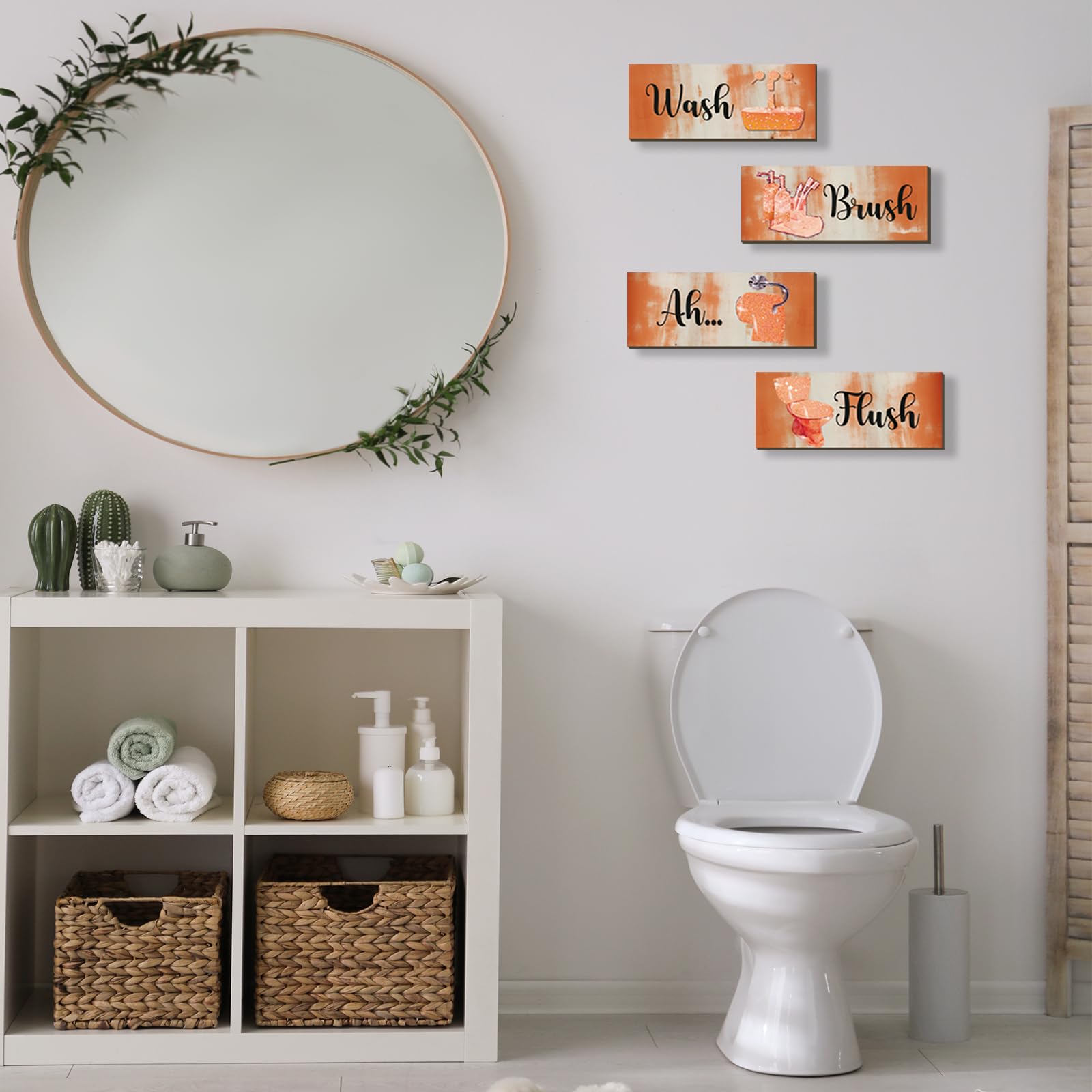 FENCORDAR 4 Pcs Orange Bathroom Decor Abstract Orange Black Bathroom Decor Wooden Modern Funny Glitter for Home Toilet(10x4 Inch