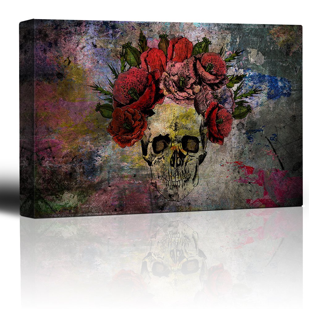 Wall26 Human Skull With Roses Flowers Over Colorful Splattered Paint - Abstract Giclee Print Canvas Wall Art Home Art - 16X24 In